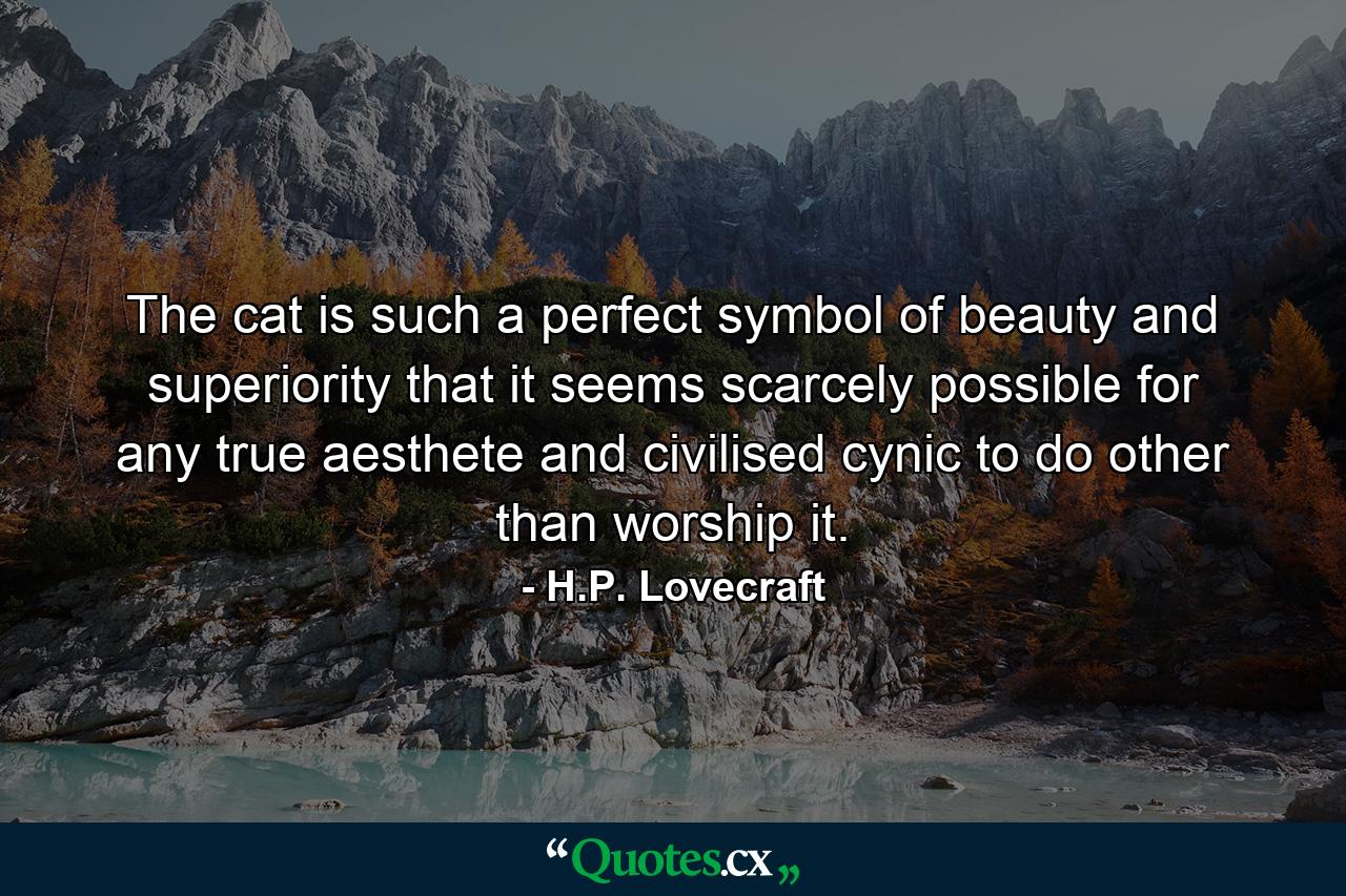 The cat is such a perfect symbol of beauty and superiority that it seems scarcely possible for any true aesthete and civilised cynic to do other than worship it. - Quote by H.P. Lovecraft