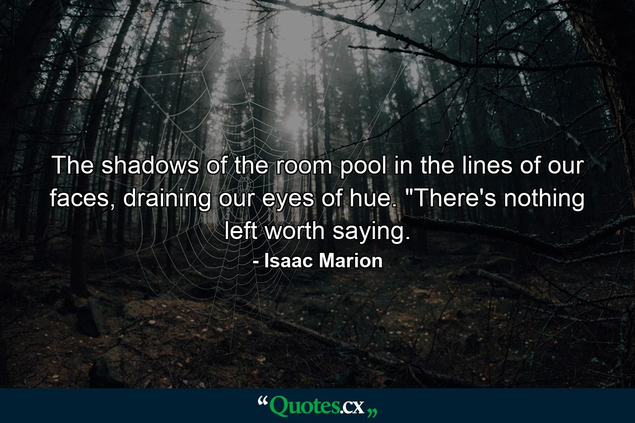 The shadows of the room pool in the lines of our faces, draining our eyes of hue. 