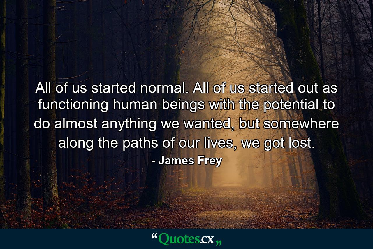 All of us started normal. All of us started out as functioning human beings with the potential to do almost anything we wanted, but somewhere along the paths of our lives, we got lost. - Quote by James Frey