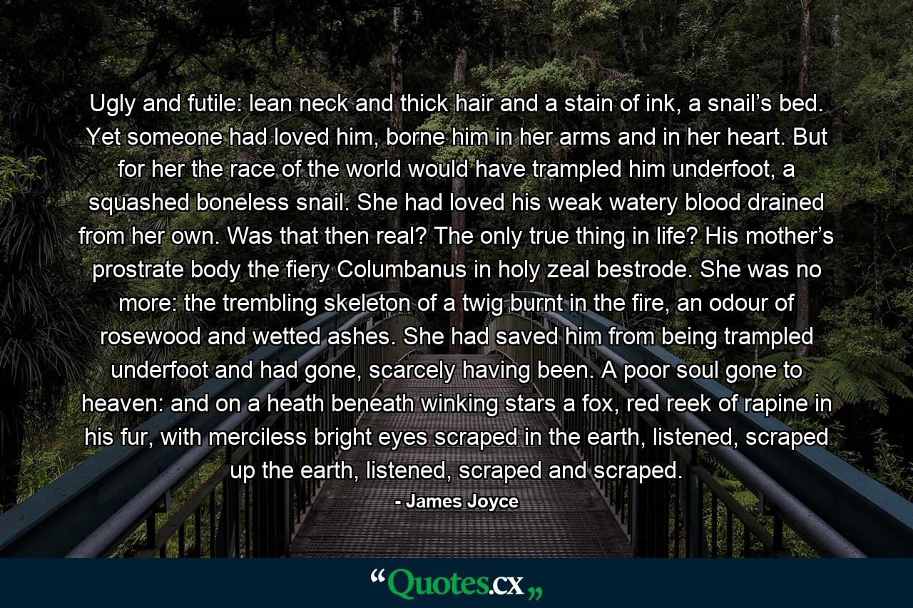 Ugly and futile: lean neck and thick hair and a stain of ink, a snail’s bed. Yet someone had loved him, borne him in her arms and in her heart. But for her the race of the world would have trampled him underfoot, a squashed boneless snail. She had loved his weak watery blood drained from her own. Was that then real? The only true thing in life? His mother’s prostrate body the fiery Columbanus in holy zeal bestrode. She was no more: the trembling skeleton of a twig burnt in the fire, an odour of rosewood and wetted ashes. She had saved him from being trampled underfoot and had gone, scarcely having been. A poor soul gone to heaven: and on a heath beneath winking stars a fox, red reek of rapine in his fur, with merciless bright eyes scraped in the earth, listened, scraped up the earth, listened, scraped and scraped. - Quote by James Joyce