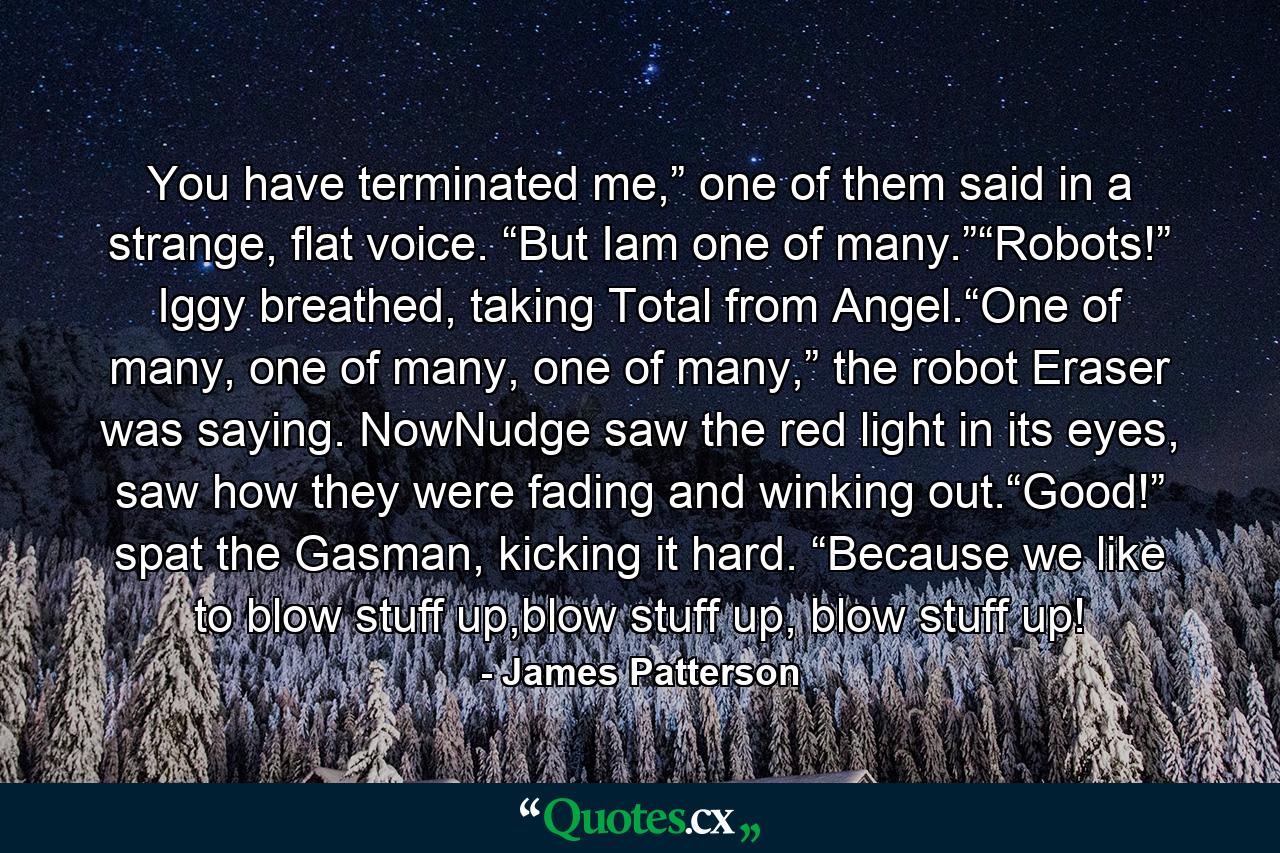 You have terminated me,” one of them said in a strange, flat voice. “But Iam one of many.”“Robots!” Iggy breathed, taking Total from Angel.“One of many, one of many, one of many,” the robot Eraser was saying. NowNudge saw the red light in its eyes, saw how they were fading and winking out.“Good!” spat the Gasman, kicking it hard. “Because we like to blow stuff up,blow stuff up, blow stuff up! - Quote by James Patterson