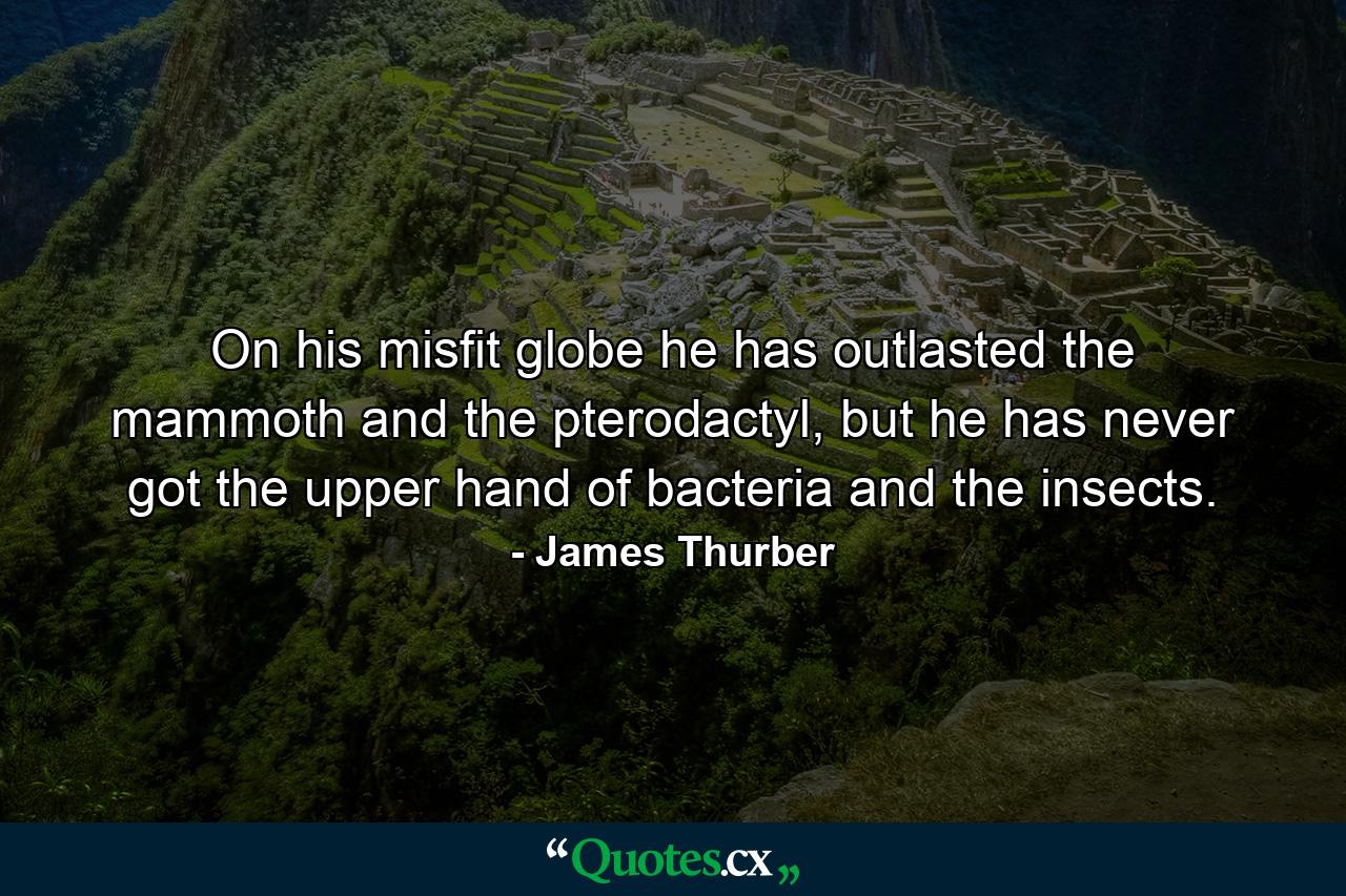 On his misfit globe he has outlasted the mammoth and the pterodactyl, but he has never got the upper hand of bacteria and the insects. - Quote by James Thurber