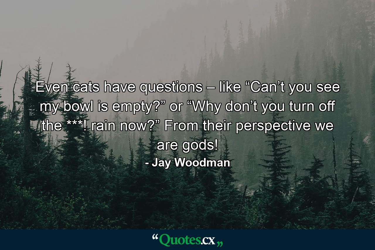 Even cats have questions – like “Can’t you see my bowl is empty?” or “Why don’t you turn off the ***! rain now?” From their perspective we are gods! - Quote by Jay Woodman