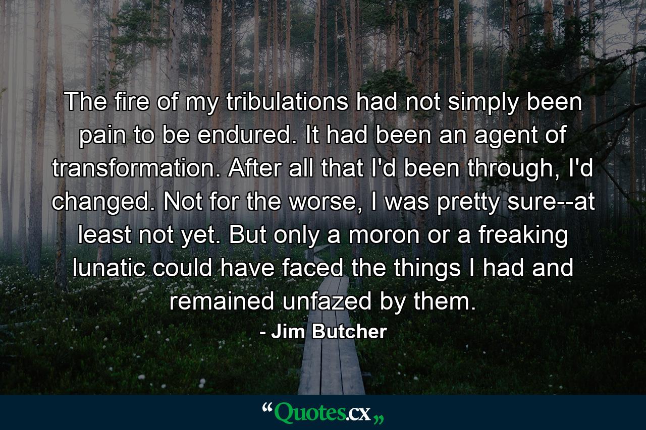 The fire of my tribulations had not simply been pain to be endured. It had been an agent of transformation. After all that I'd been through, I'd changed. Not for the worse, I was pretty sure--at least not yet. But only a moron or a freaking lunatic could have faced the things I had and remained unfazed by them. - Quote by Jim Butcher