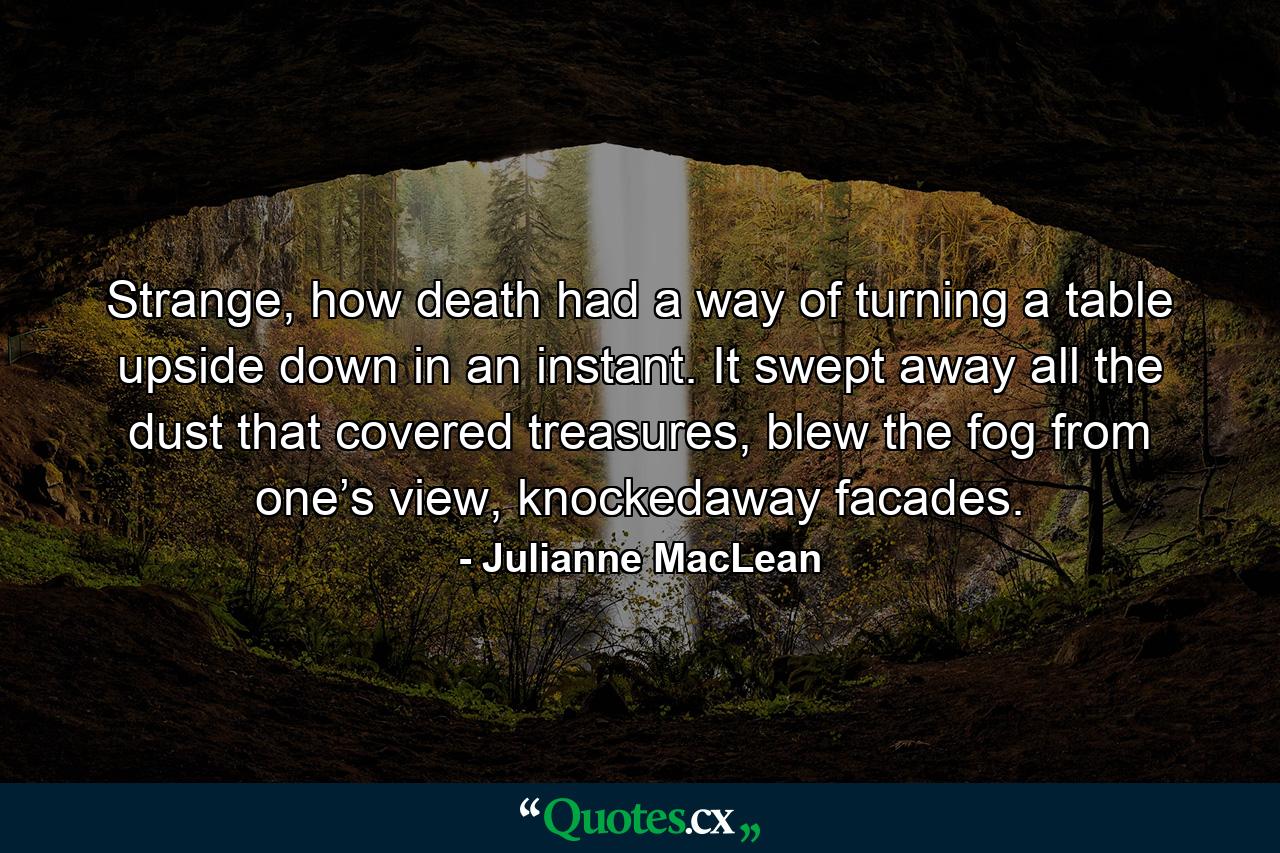 Strange, how death had a way of turning a table upside down in an instant. It swept away all the dust that covered treasures, blew the fog from one’s view, knockedaway facades. - Quote by Julianne MacLean