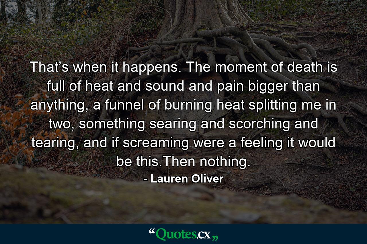 That’s when it happens. The moment of death is full of heat and sound and pain bigger than anything, a funnel of burning heat splitting me in two, something searing and scorching and tearing, and if screaming were a feeling it would be this.Then nothing. - Quote by Lauren Oliver