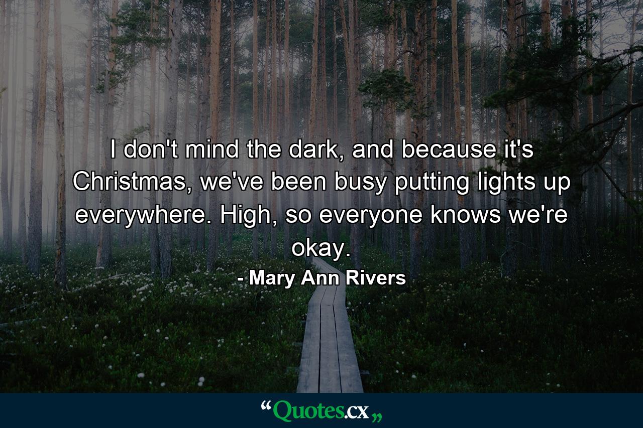 I don't mind the dark, and because it's Christmas, we've been busy putting lights up everywhere. High, so everyone knows we're okay. - Quote by Mary Ann Rivers