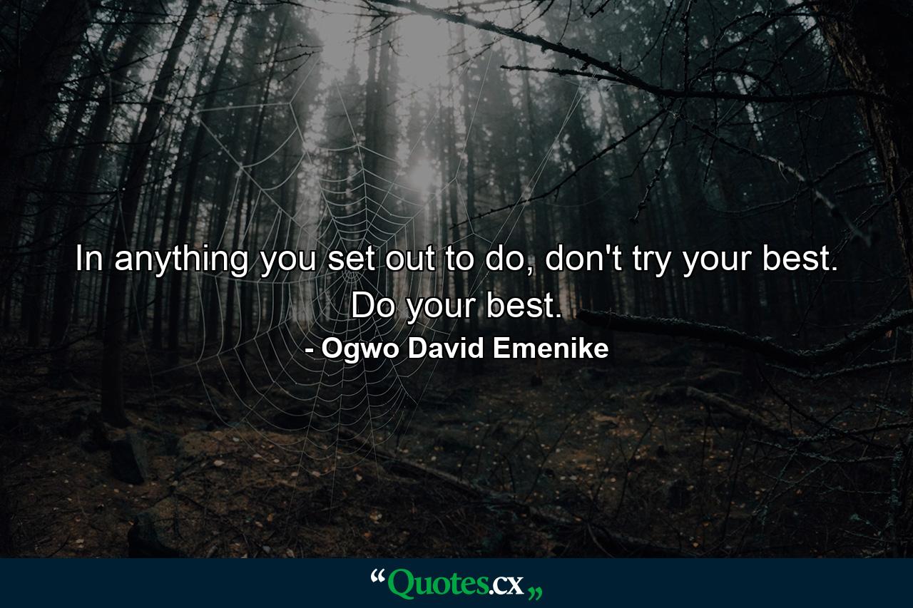 In anything you set out to do, don't try your best. Do your best. - Quote by Ogwo David Emenike