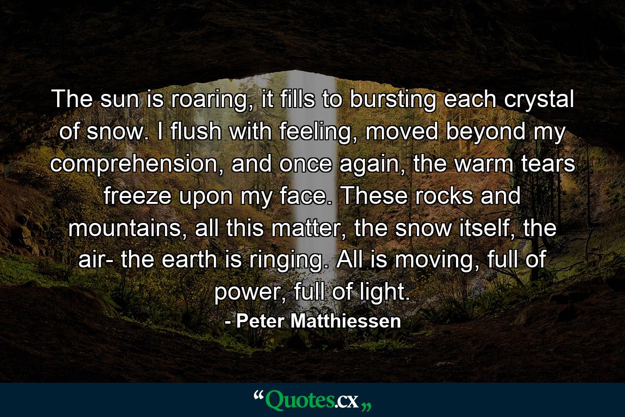 The sun is roaring, it fills to bursting each crystal of snow. I flush with feeling, moved beyond my comprehension, and once again, the warm tears freeze upon my face. These rocks and mountains, all this matter, the snow itself, the air- the earth is ringing. All is moving, full of power, full of light. - Quote by Peter Matthiessen