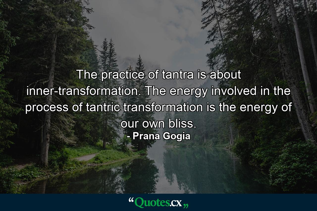 The practice of tantra is about inner-transformation. The energy involved in the process of tantric transformation is the energy of our own bliss. - Quote by Prana Gogia