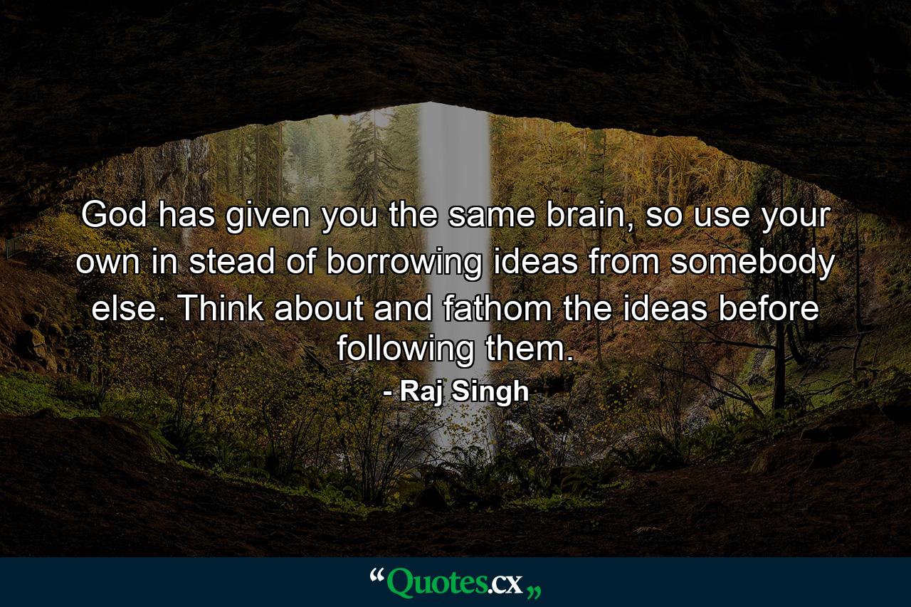 God has given you the same brain, so use your own in stead of borrowing ideas from somebody else. Think about and fathom the ideas before following them. - Quote by Raj Singh