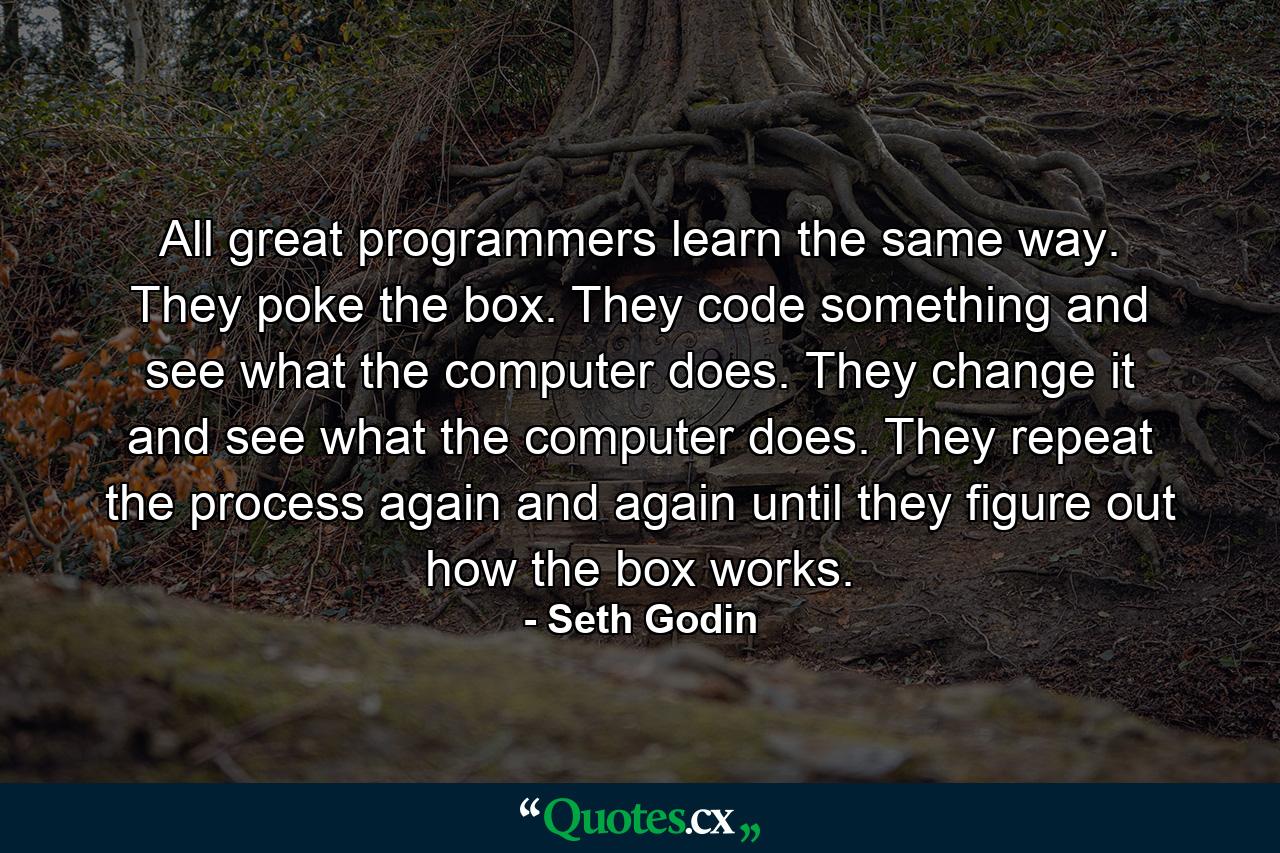 All great programmers learn the same way. They poke the box. They code something and see what the computer does. They change it and see what the computer does. They repeat the process again and again until they figure out how the box works. - Quote by Seth Godin