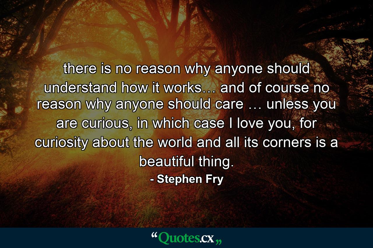 there is no reason why anyone should understand how it works… and of course no reason why anyone should care … unless you are curious, in which case I love you, for curiosity about the world and all its corners is a beautiful thing. - Quote by Stephen Fry