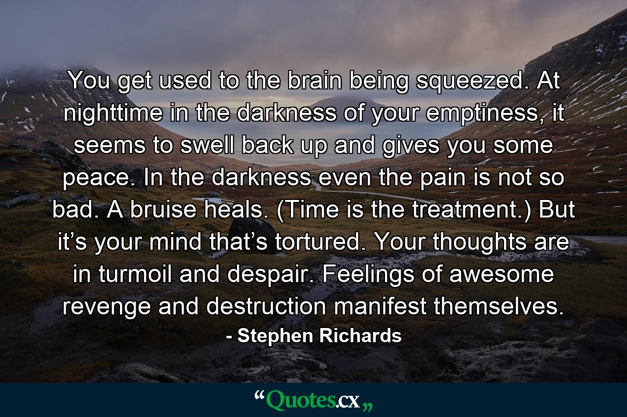 You get used to the brain being squeezed. At nighttime in the darkness of your emptiness, it seems to swell back up and gives you some peace. In the darkness even the pain is not so bad. A bruise heals. (Time is the treatment.) But it’s your mind that’s tortured. Your thoughts are in turmoil and despair. Feelings of awesome revenge and destruction manifest themselves. - Quote by Stephen Richards