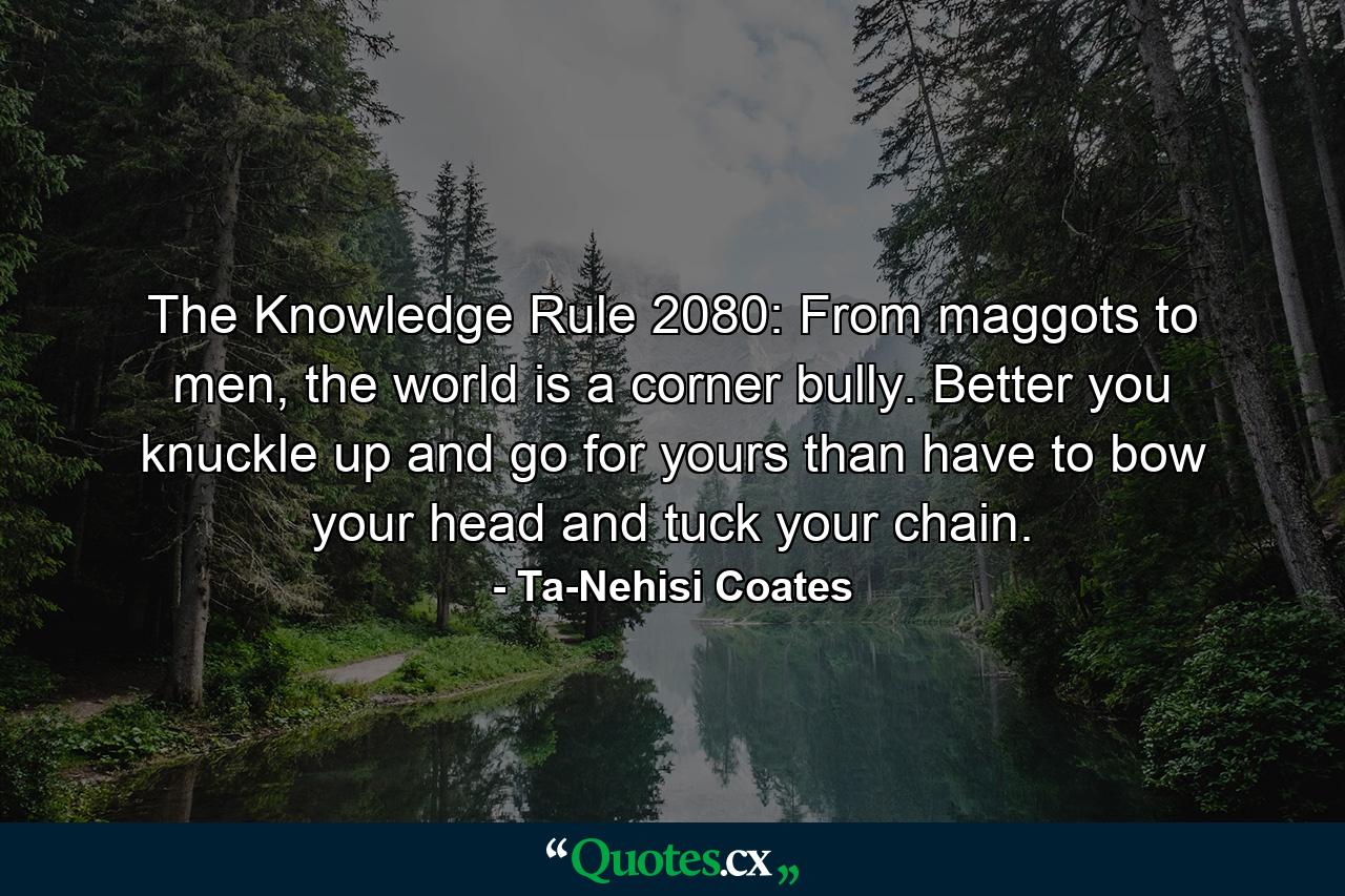 The Knowledge Rule 2080: From maggots to men, the world is a corner bully. Better you knuckle up and go for yours than have to bow your head and tuck your chain. - Quote by Ta-Nehisi Coates