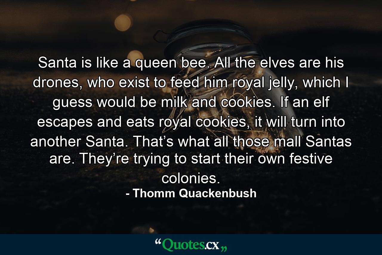 Santa is like a queen bee. All the elves are his drones, who exist to feed him royal jelly, which I guess would be milk and cookies. If an elf escapes and eats royal cookies, it will turn into another Santa. That’s what all those mall Santas are. They’re trying to start their own festive colonies. - Quote by Thomm Quackenbush