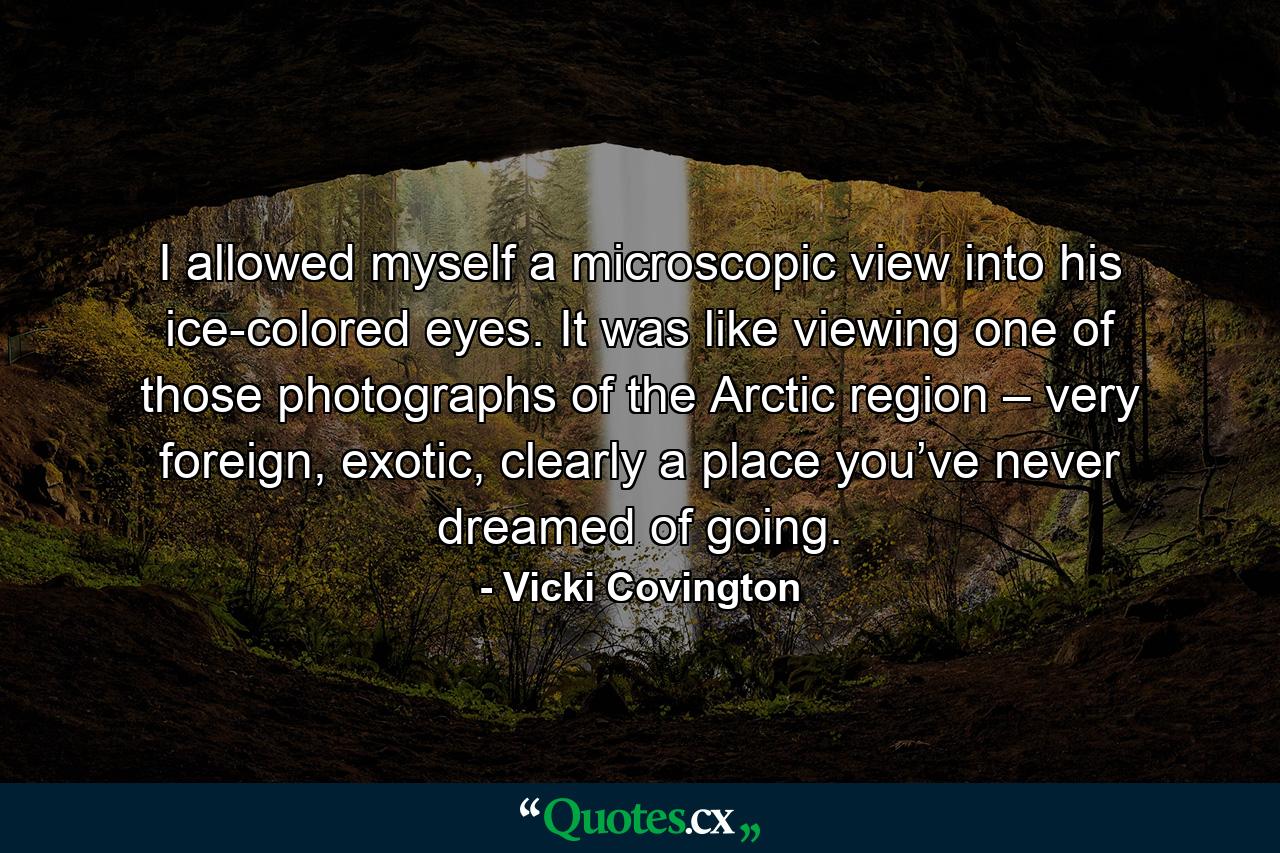 I allowed myself a microscopic view into his ice-colored eyes. It was like viewing one of those photographs of the Arctic region – very foreign, exotic, clearly a place you’ve never dreamed of going. - Quote by Vicki Covington