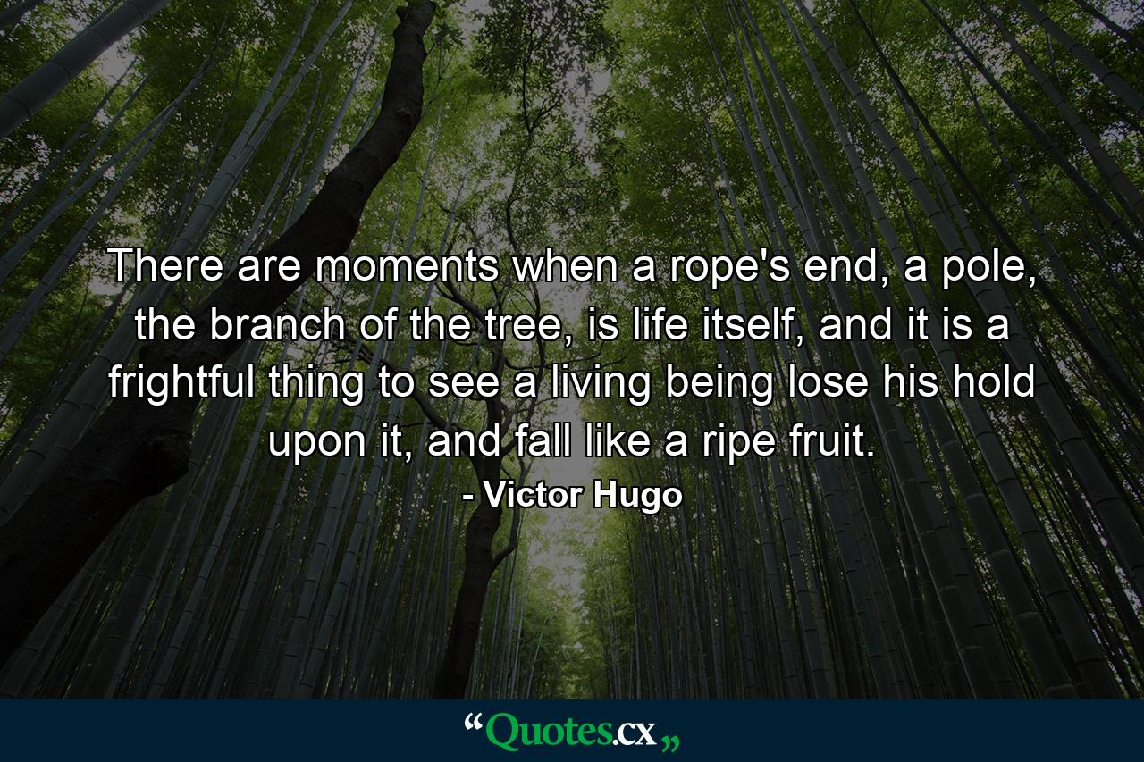 There are moments when a rope's end, a pole, the branch of the tree, is life itself, and it is a frightful thing to see a living being lose his hold upon it, and fall like a ripe fruit. - Quote by Victor Hugo