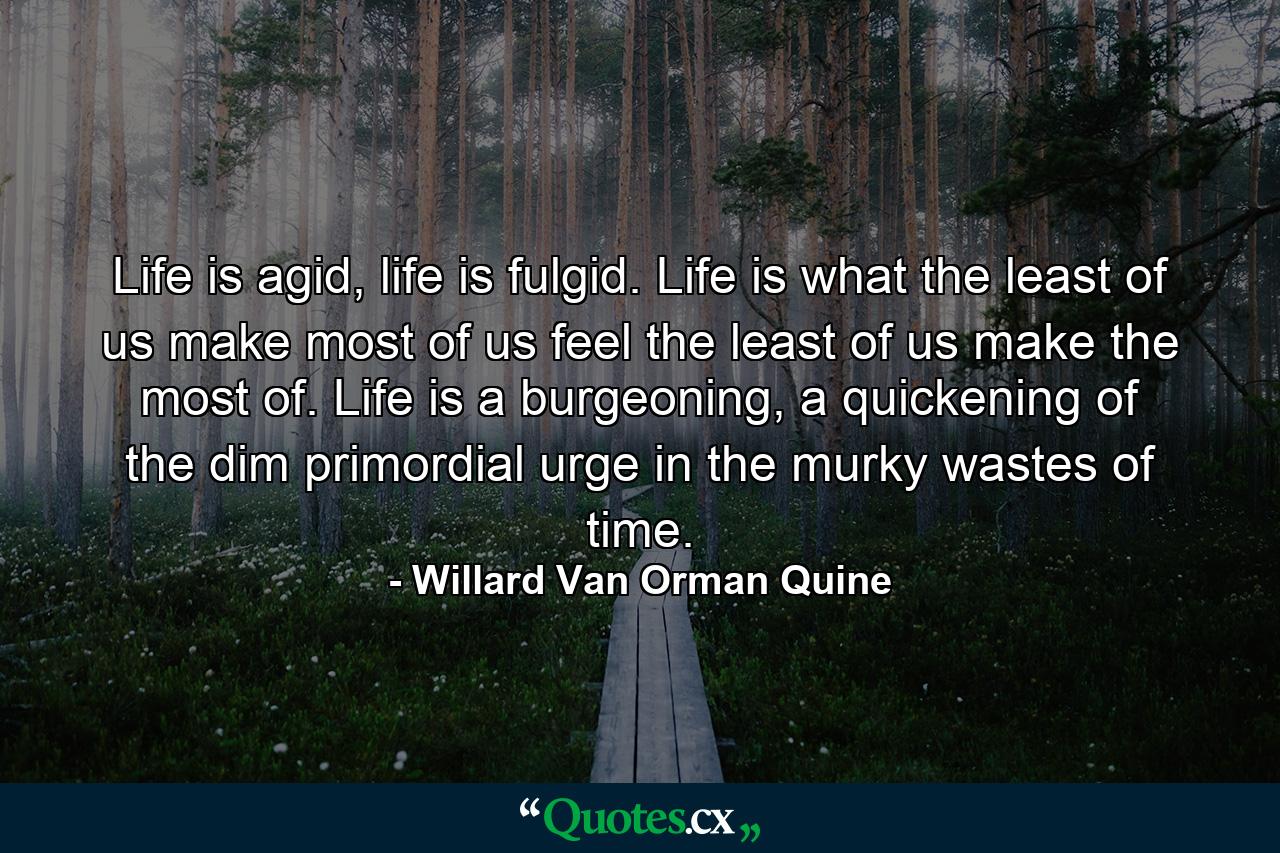 Life is agid, life is fulgid. Life is what the least of us make most of us feel the least of us make the most of. Life is a burgeoning, a quickening of the dim primordial urge in the murky wastes of time. - Quote by Willard Van Orman Quine