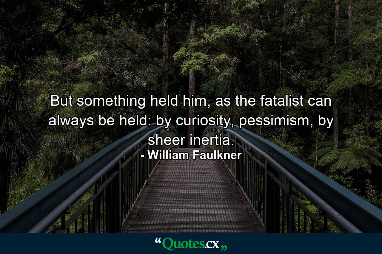 But something held him, as the fatalist can always be held: by curiosity, pessimism, by sheer inertia. - Quote by William Faulkner