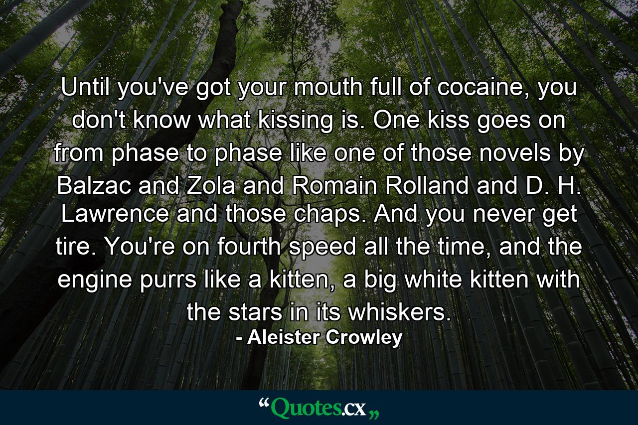 Until you've got your mouth full of cocaine, you don't know what kissing is. One kiss goes on from phase to phase like one of those novels by Balzac and Zola and Romain Rolland and D. H. Lawrence and those chaps. And you never get tire. You're on fourth speed all the time, and the engine purrs like a kitten, a big white kitten with the stars in its whiskers. - Quote by Aleister Crowley