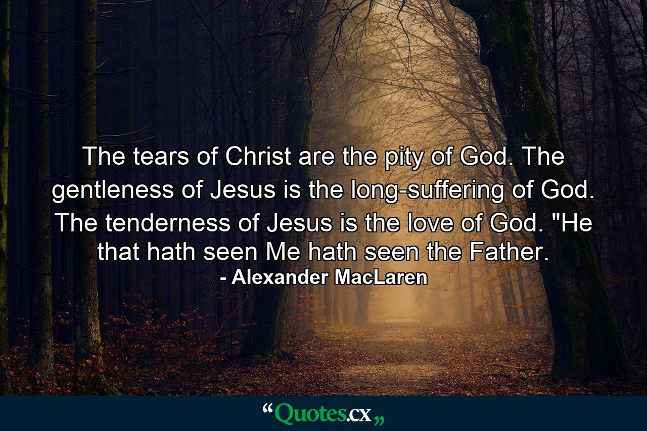 The tears of Christ are the pity of God. The gentleness of Jesus is the long-suffering of God. The tenderness of Jesus is the love of God. 