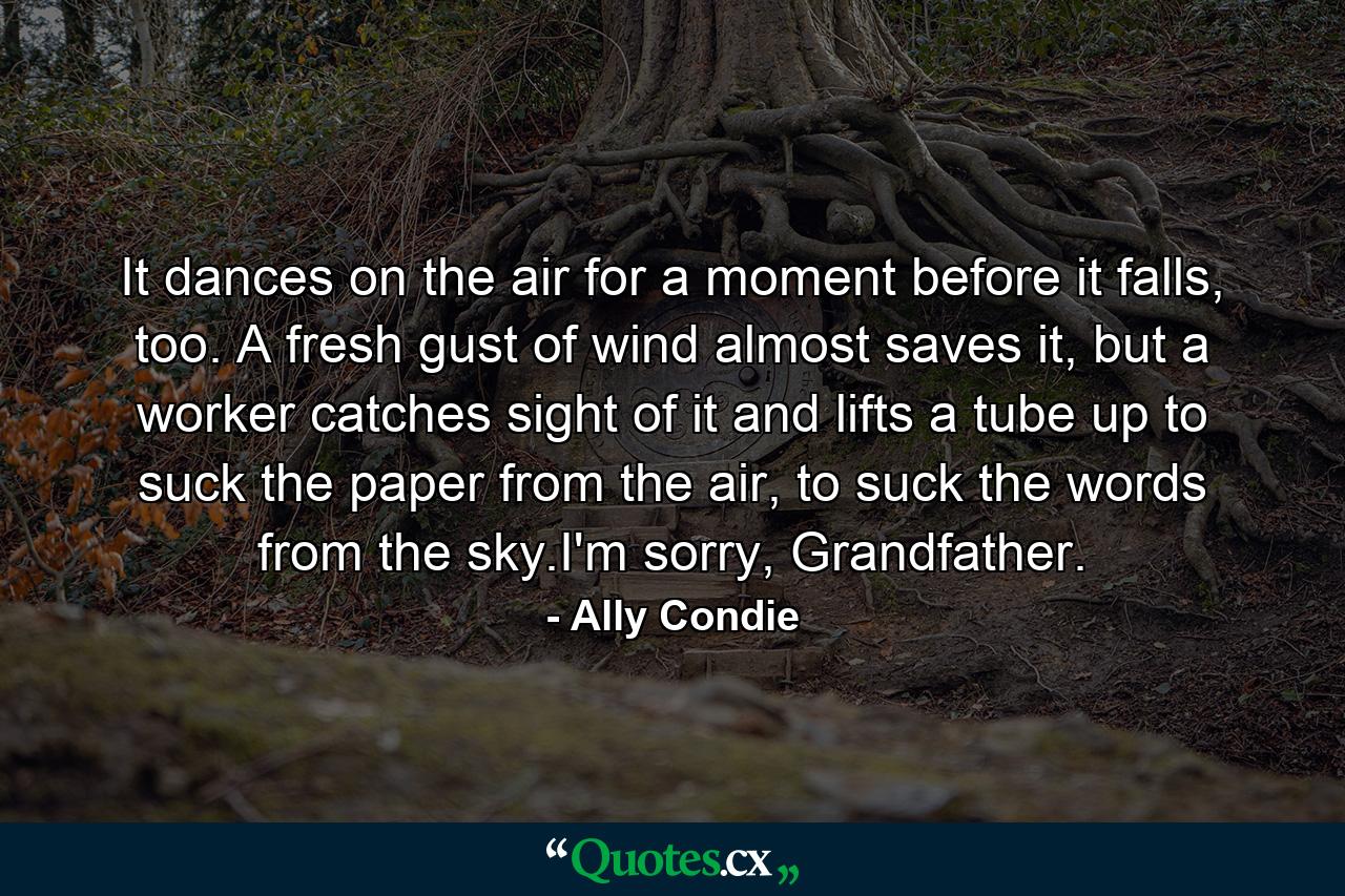 It dances on the air for a moment before it falls, too. A fresh gust of wind almost saves it, but a worker catches sight of it and lifts a tube up to suck the paper from the air, to suck the words from the sky.I'm sorry, Grandfather. - Quote by Ally Condie