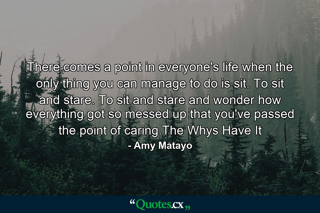 There comes a point in everyone's life when the only thing you can manage to do is sit. To sit and stare. To sit and stare and wonder how everything got so messed up that you've passed the point of caring.The Whys Have It - Quote by Amy Matayo