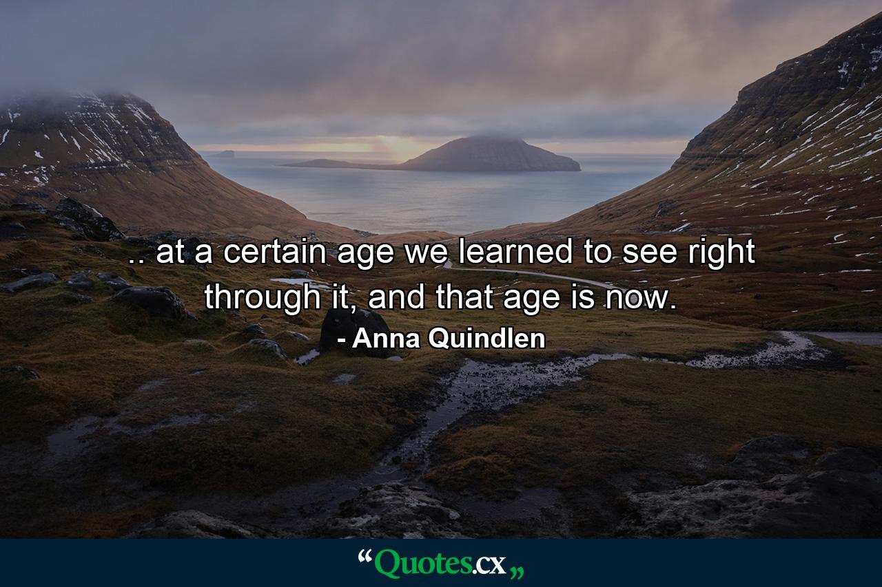 .. at a certain age we learned to see right through it, and that age is now. - Quote by Anna Quindlen