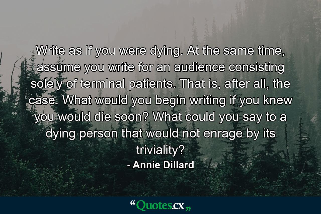 Write as if you were dying. At the same time, assume you write for an audience consisting solely of terminal patients. That is, after all, the case. What would you begin writing if you knew you would die soon? What could you say to a dying person that would not enrage by its triviality? - Quote by Annie Dillard