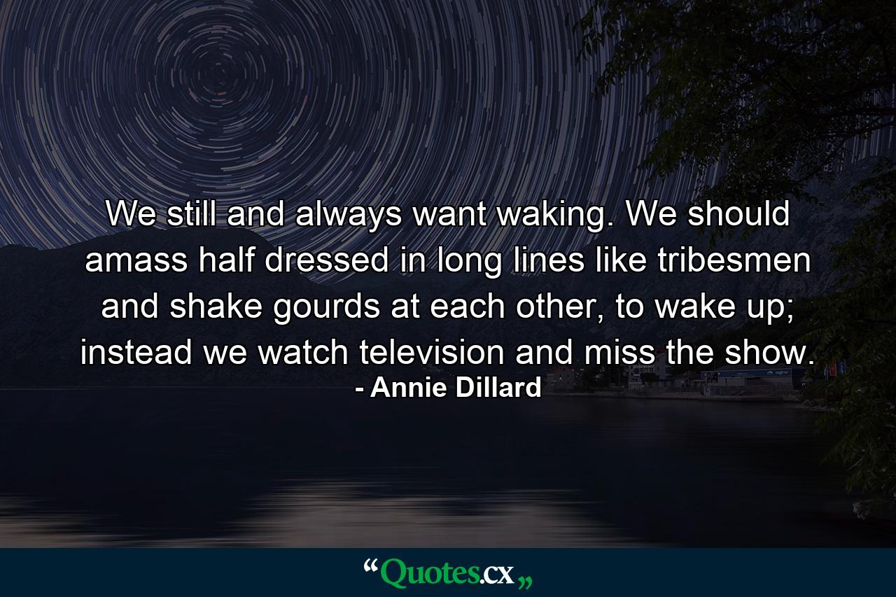 We still and always want waking. We should amass half dressed in long lines like tribesmen and shake gourds at each other, to wake up; instead we watch television and miss the show. - Quote by Annie Dillard