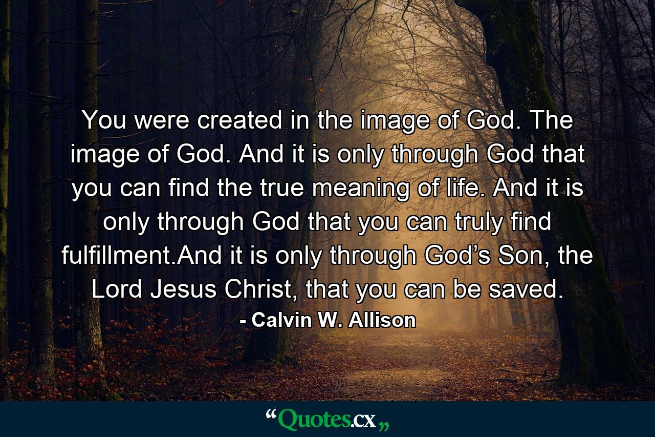 You were created in the image of God. The image of God. And it is only through God that you can find the true meaning of life. And it is only through God that you can truly find fulfillment.And it is only through God’s Son, the Lord Jesus Christ, that you can be saved. - Quote by Calvin W. Allison