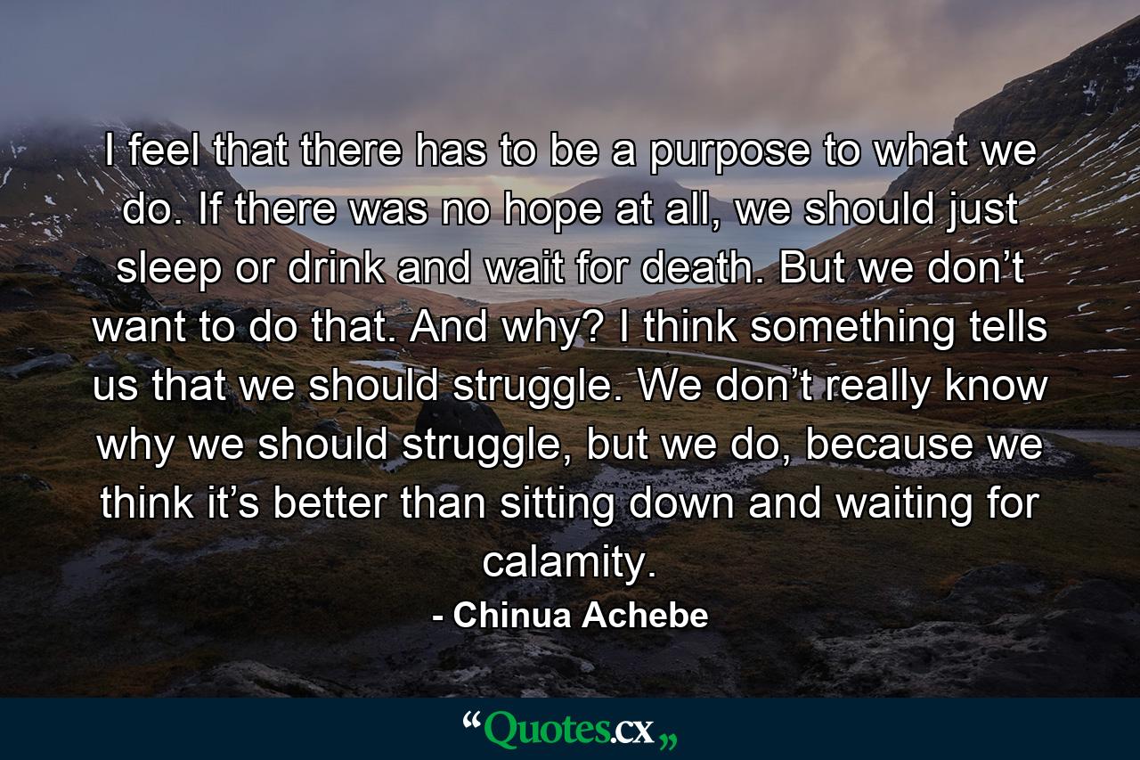 I feel that there has to be a purpose to what we do. If there was no hope at all, we should just sleep or drink and wait for death. But we don’t want to do that. And why? I think something tells us that we should struggle. We don’t really know why we should struggle, but we do, because we think it’s better than sitting down and waiting for calamity. - Quote by Chinua Achebe