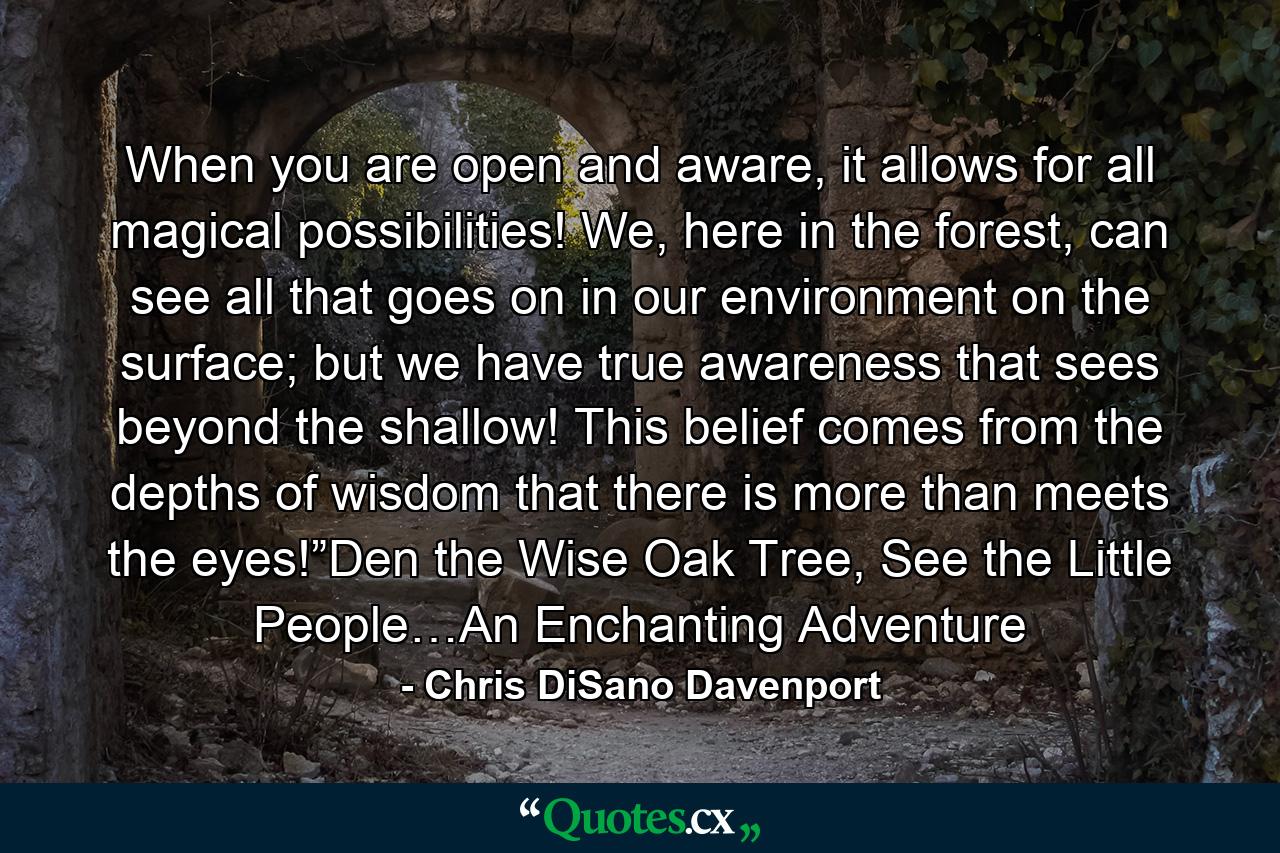 When you are open and aware, it allows for all magical possibilities! We, here in the forest, can see all that goes on in our environment on the surface; but we have true awareness that sees beyond the shallow! This belief comes from the depths of wisdom that there is more than meets the eyes!”Den the Wise Oak Tree, See the Little People…An Enchanting Adventure - Quote by Chris DiSano Davenport