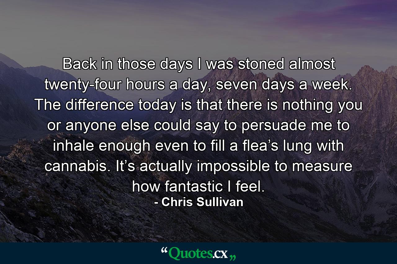 Back in those days I was stoned almost twenty-four hours a day, seven days a week. The difference today is that there is nothing you or anyone else could say to persuade me to inhale enough even to fill a flea’s lung with cannabis. It’s actually impossible to measure how fantastic I feel. - Quote by Chris Sullivan