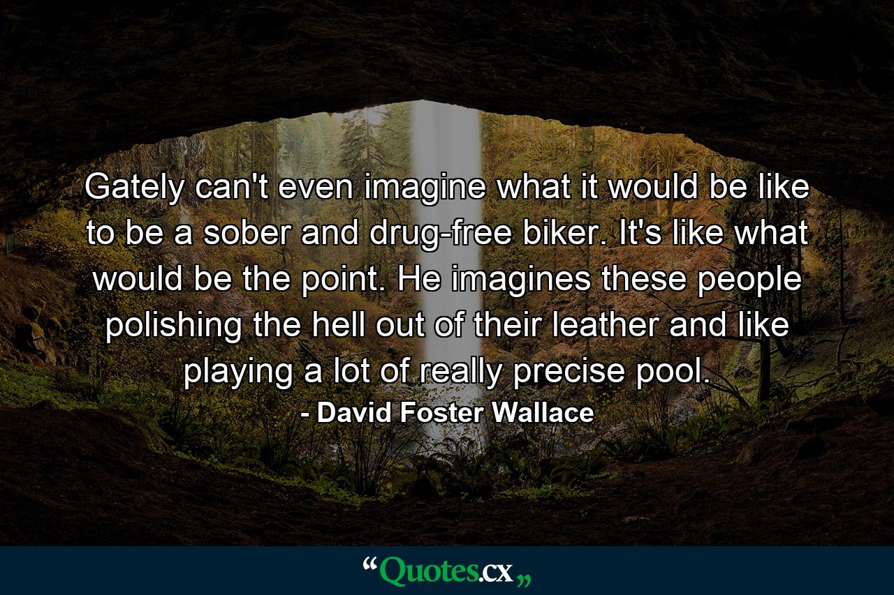 Gately can't even imagine what it would be like to be a sober and drug-free biker. It's like what would be the point. He imagines these people polishing the hell out of their leather and like playing a lot of really precise pool. - Quote by David Foster Wallace