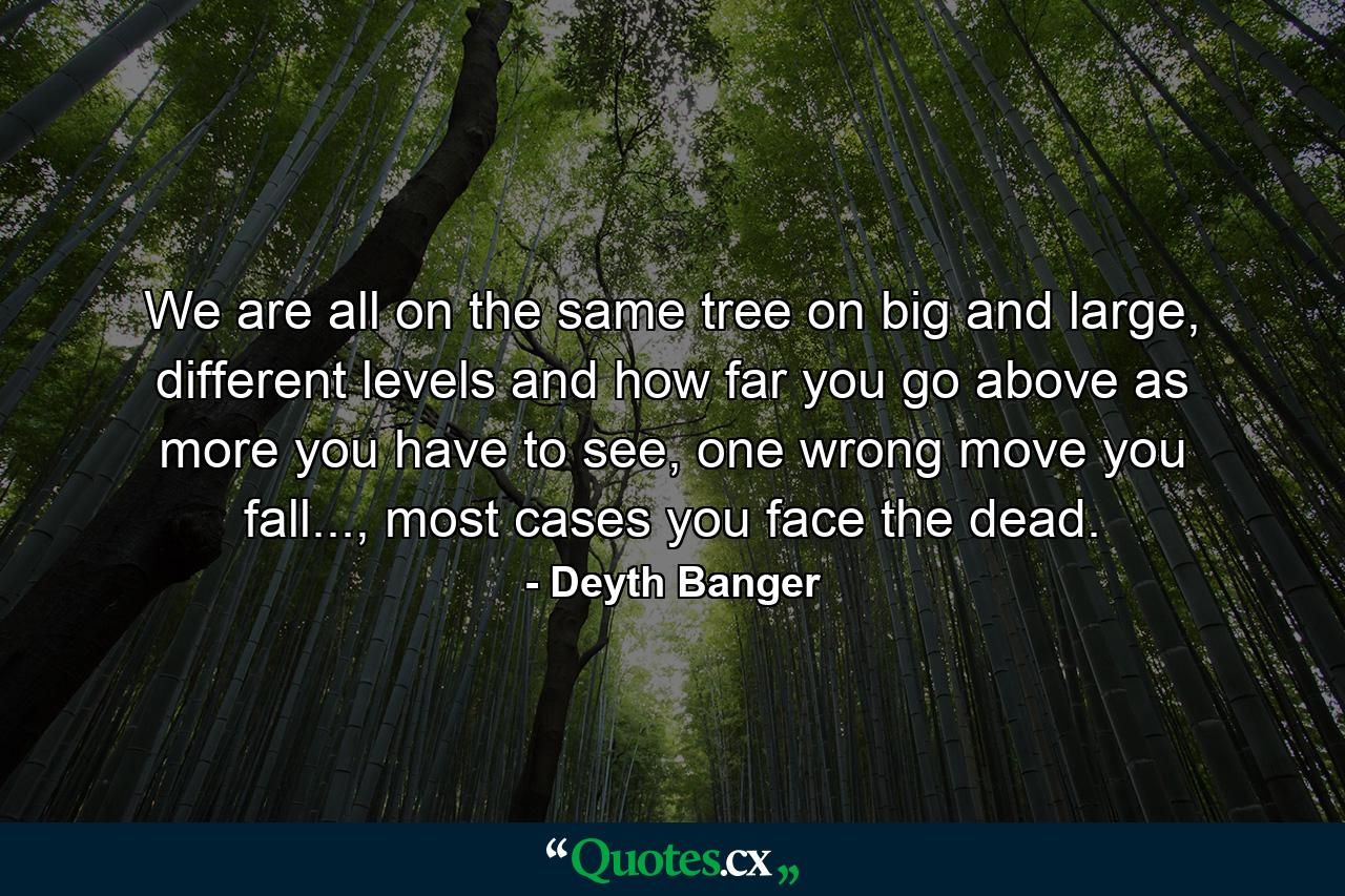 We are all on the same tree on big and large, different levels and how far you go above as more you have to see, one wrong move you fall..., most cases you face the dead. - Quote by Deyth Banger