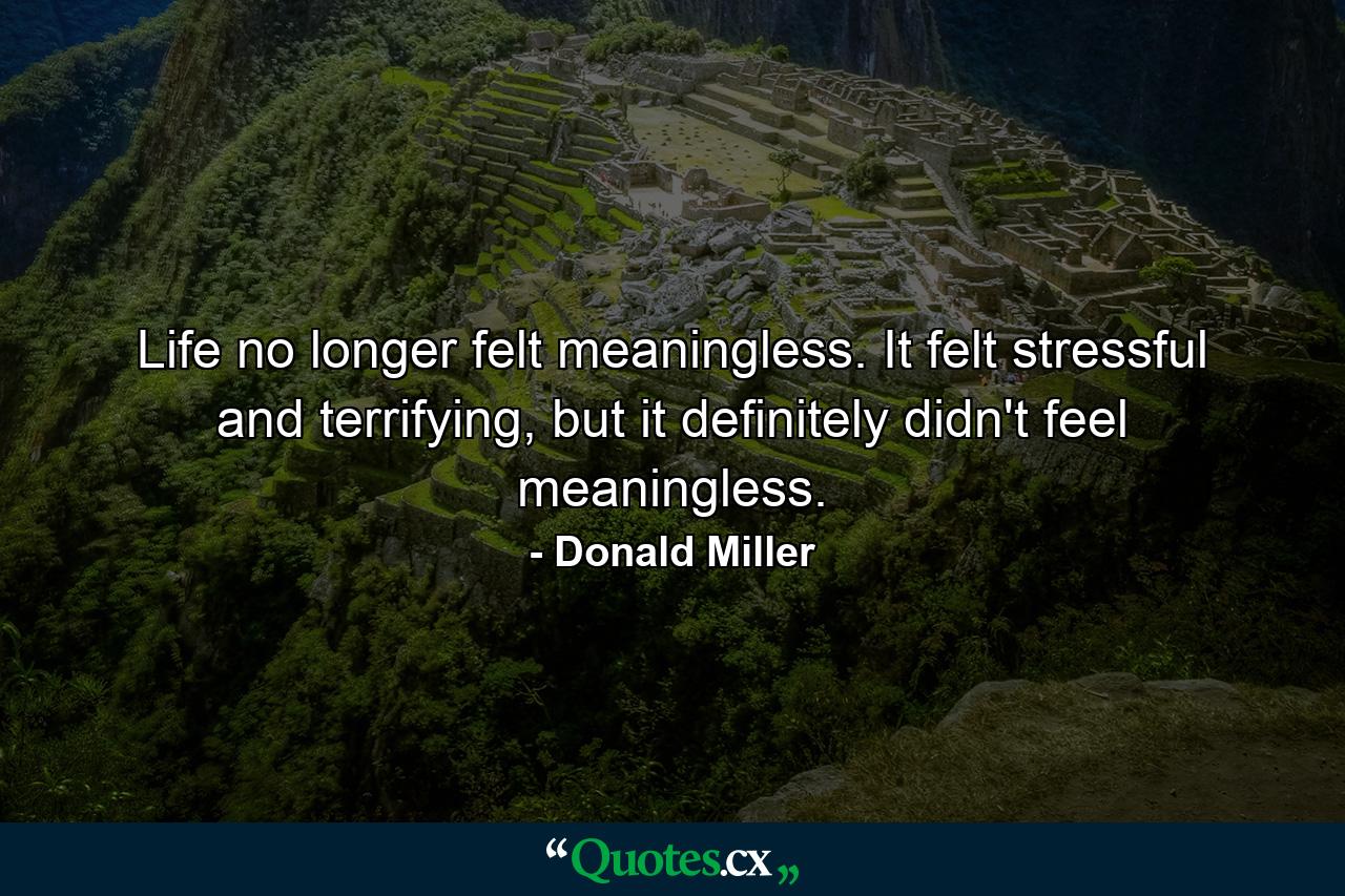 Life no longer felt meaningless. It felt stressful and terrifying, but it definitely didn't feel meaningless. - Quote by Donald Miller