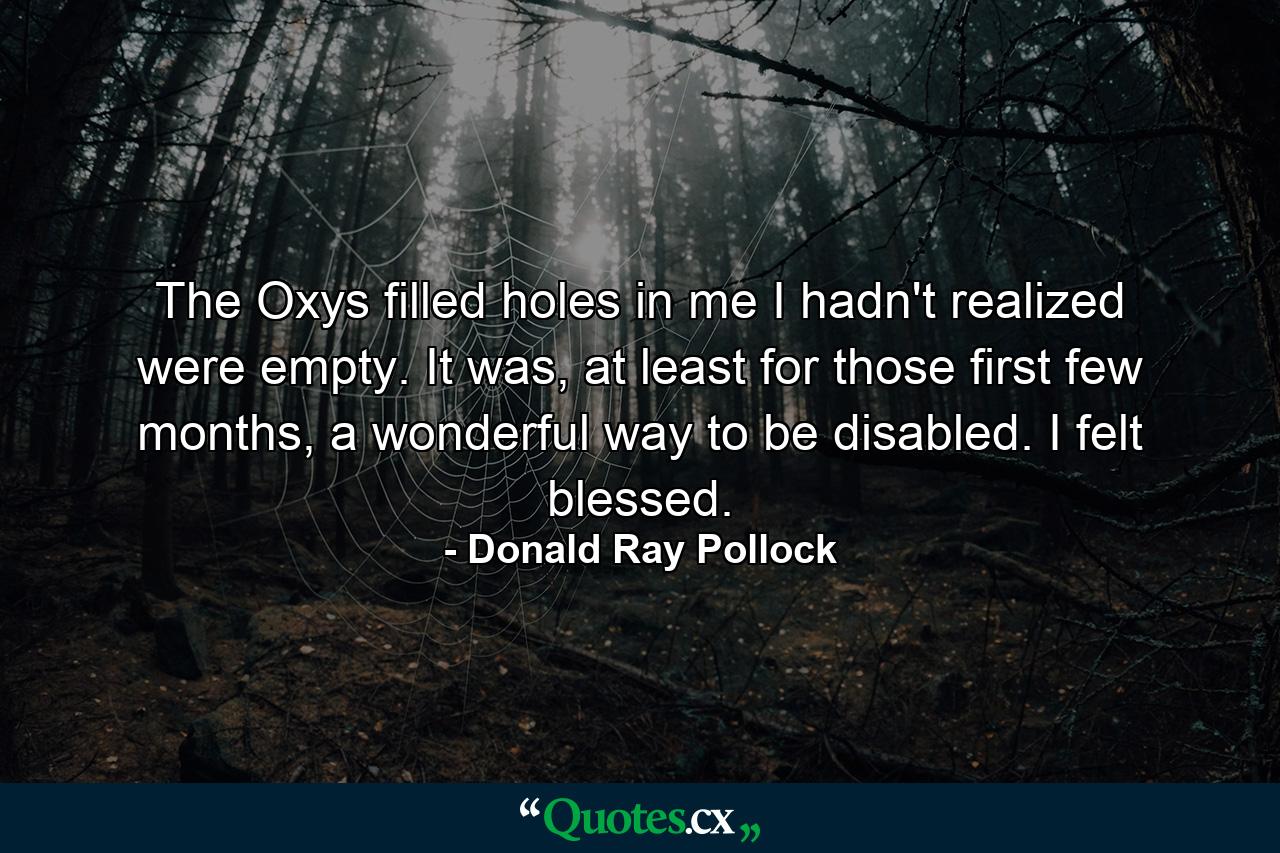 The Oxys filled holes in me I hadn't realized were empty. It was, at least for those first few months, a wonderful way to be disabled. I felt blessed. - Quote by Donald Ray Pollock