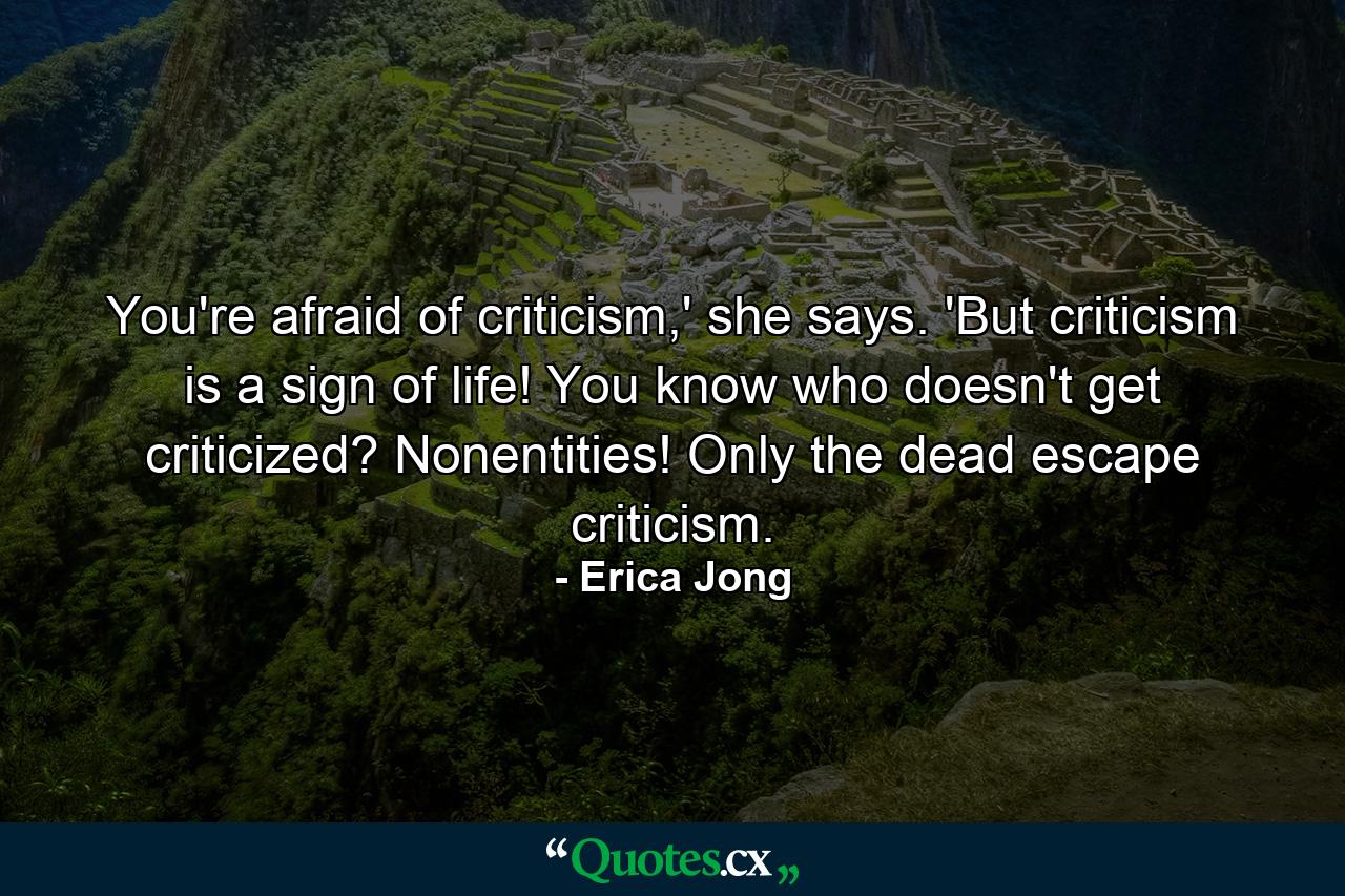 You're afraid of criticism,' she says. 'But criticism is a sign of life! You know who doesn't get criticized? Nonentities! Only the dead escape criticism. - Quote by Erica Jong