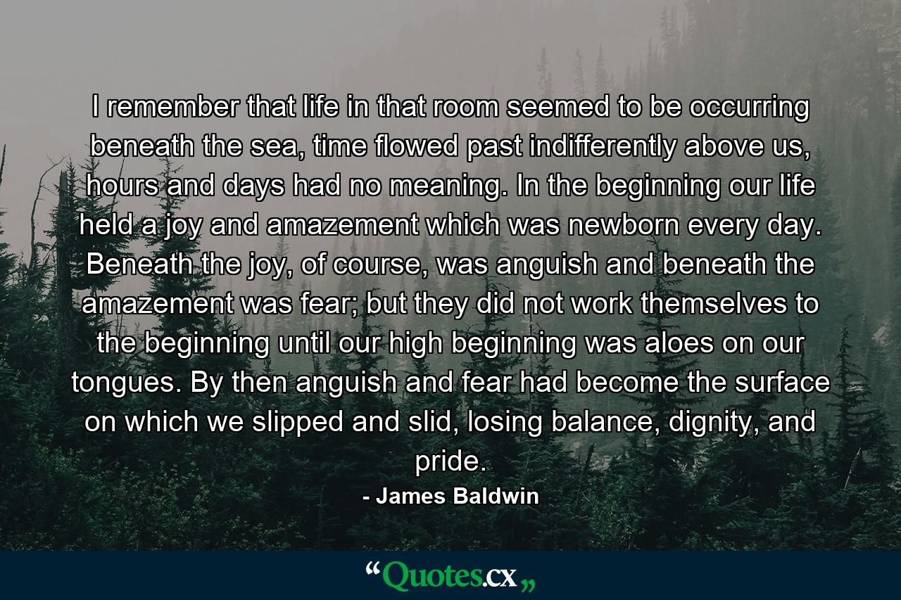 I remember that life in that room seemed to be occurring beneath the sea, time flowed past indifferently above us, hours and days had no meaning. In the beginning our life held a joy and amazement which was newborn every day. Beneath the joy, of course, was anguish and beneath the amazement was fear; but they did not work themselves to the beginning until our high beginning was aloes on our tongues. By then anguish and fear had become the surface on which we slipped and slid, losing balance, dignity, and pride. - Quote by James Baldwin