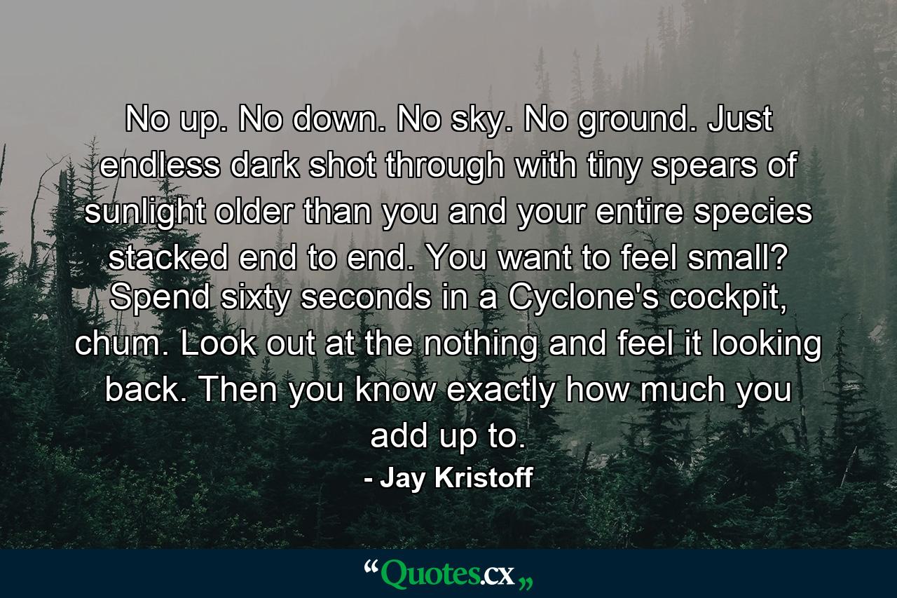 No up. No down. No sky. No ground. Just endless dark shot through with tiny spears of sunlight older than you and your entire species stacked end to end. You want to feel small? Spend sixty seconds in a Cyclone's cockpit, chum. Look out at the nothing and feel it looking back. Then you know exactly how much you add up to. - Quote by Jay Kristoff