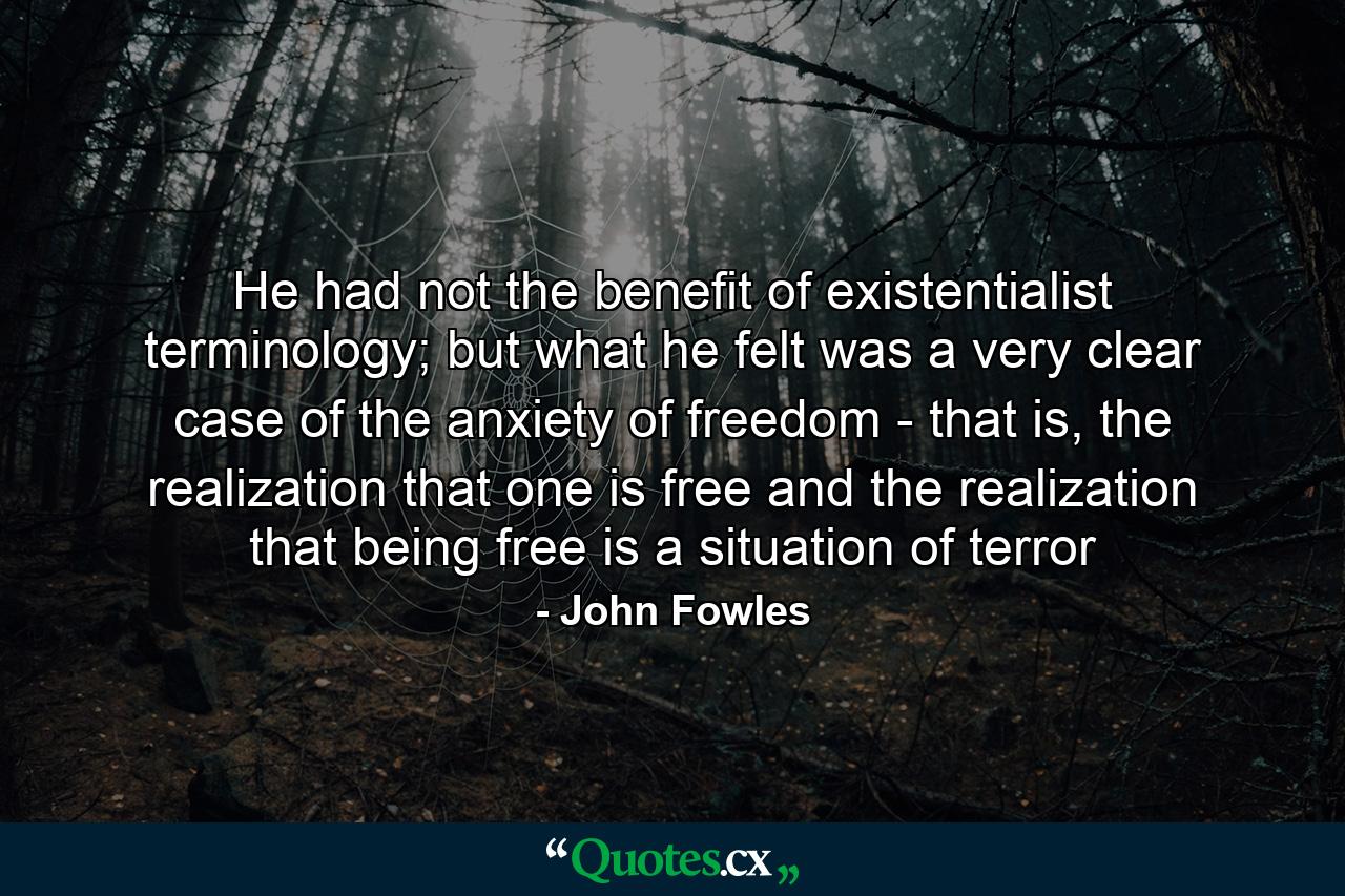 He had not the benefit of existentialist terminology; but what he felt was a very clear case of the anxiety of freedom - that is, the realization that one is free and the realization that being free is a situation of terror - Quote by John Fowles