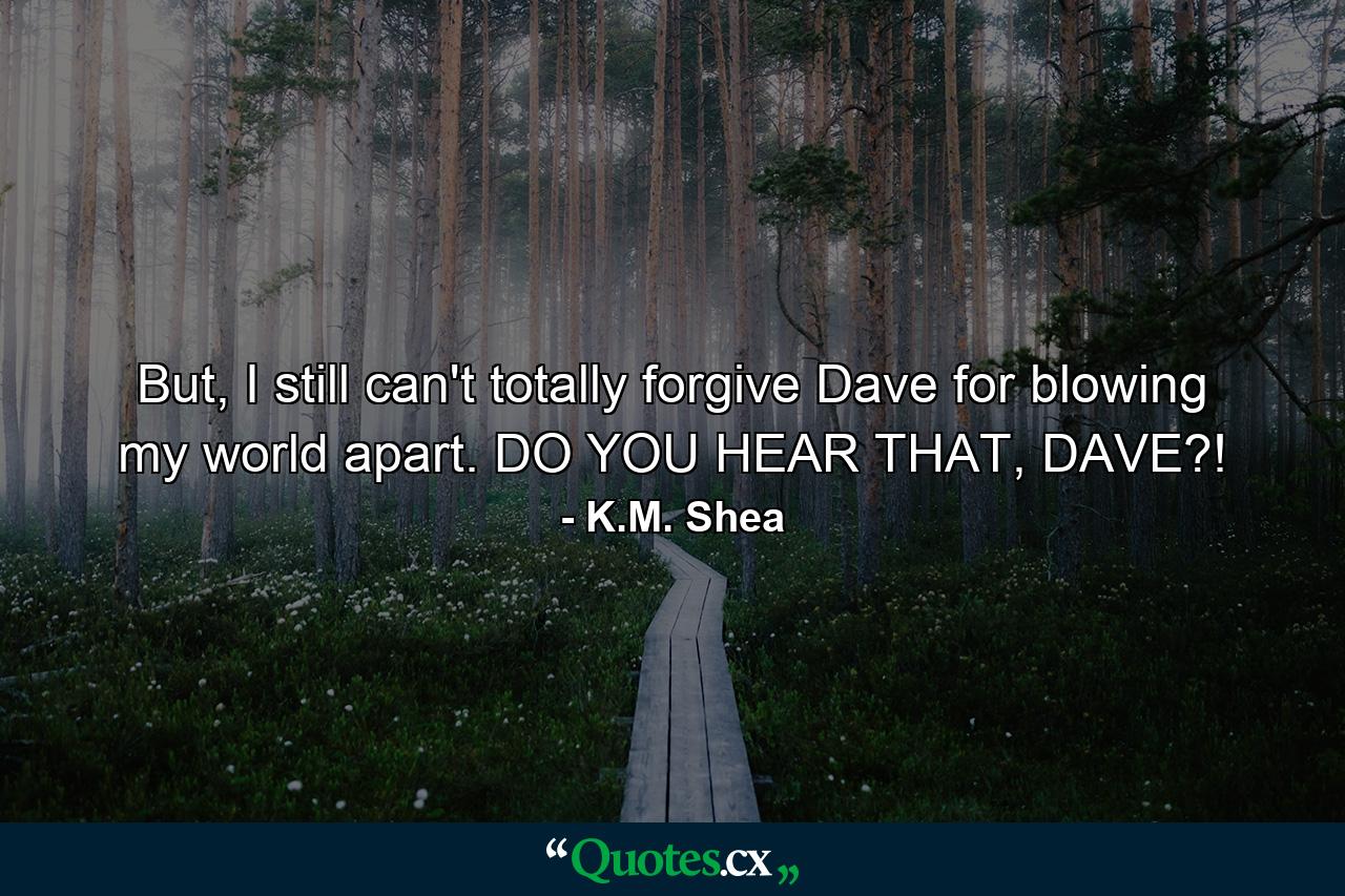 But, I still can't totally forgive Dave for blowing my world apart. DO YOU HEAR THAT, DAVE?! - Quote by K.M. Shea