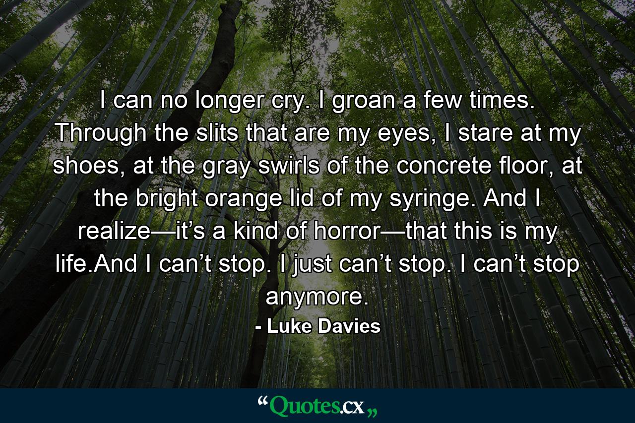 I can no longer cry. I groan a few times. Through the slits that are my eyes, I stare at my shoes, at the gray swirls of the concrete floor, at the bright orange lid of my syringe. And I realize—it’s a kind of horror—that this is my life.And I can’t stop. I just can’t stop. I can’t stop anymore. - Quote by Luke Davies