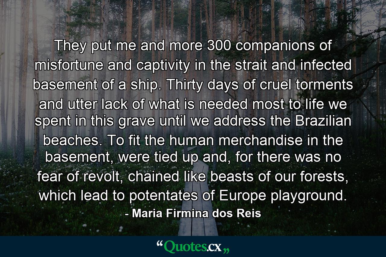 They put me and more 300 companions of misfortune and captivity in the strait and infected basement of a ship. Thirty days of cruel torments and utter lack of what is needed most to life we spent in this grave until we address the Brazilian beaches. To fit the human merchandise in the basement, were tied up and, for there was no fear of revolt, chained like beasts of our forests, which lead to potentates of Europe playground. - Quote by Maria Firmina dos Reis