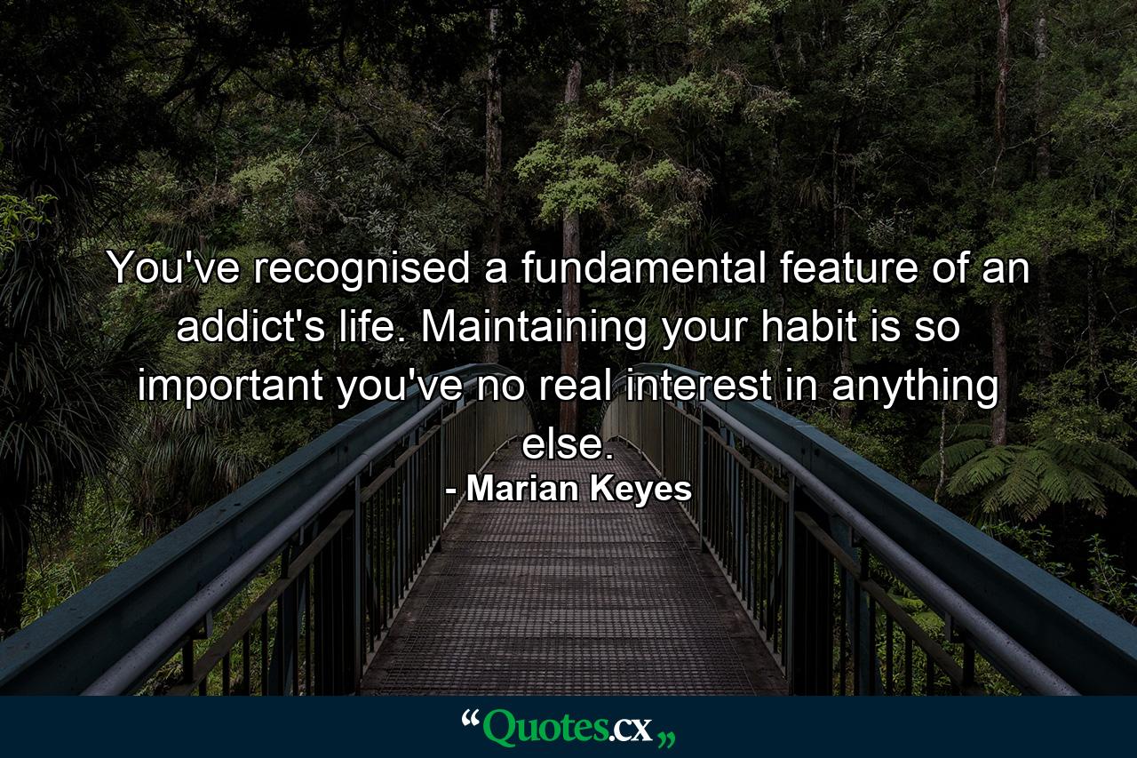 You've recognised a fundamental feature of an addict's life. Maintaining your habit is so important you've no real interest in anything else. - Quote by Marian Keyes