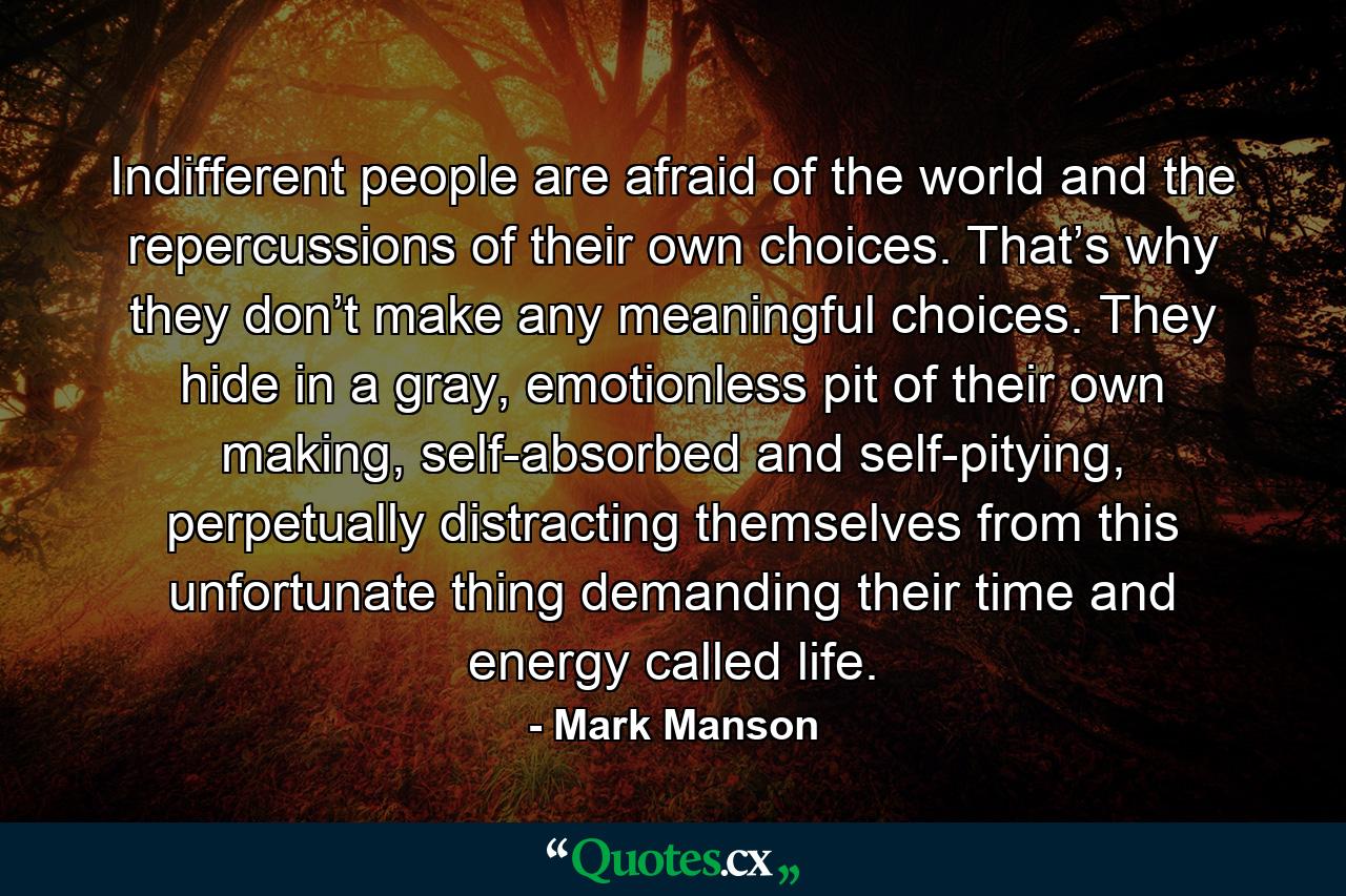 Indifferent people are afraid of the world and the repercussions of their own choices. That’s why they don’t make any meaningful choices. They hide in a gray, emotionless pit of their own making, self-absorbed and self-pitying, perpetually distracting themselves from this unfortunate thing demanding their time and energy called life. - Quote by Mark Manson