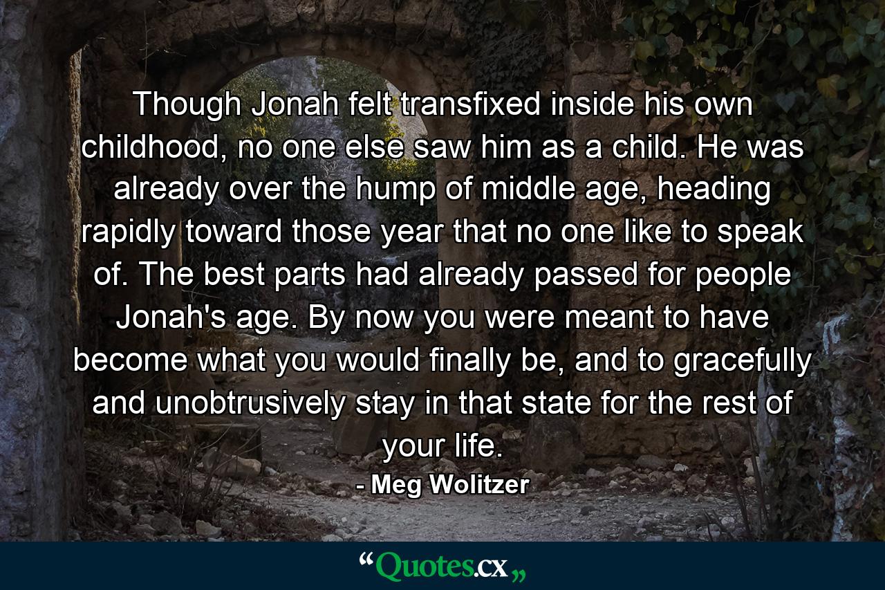 Though Jonah felt transfixed inside his own childhood, no one else saw him as a child. He was already over the hump of middle age, heading rapidly toward those year that no one like to speak of. The best parts had already passed for people Jonah's age. By now you were meant to have become what you would finally be, and to gracefully and unobtrusively stay in that state for the rest of your life. - Quote by Meg Wolitzer