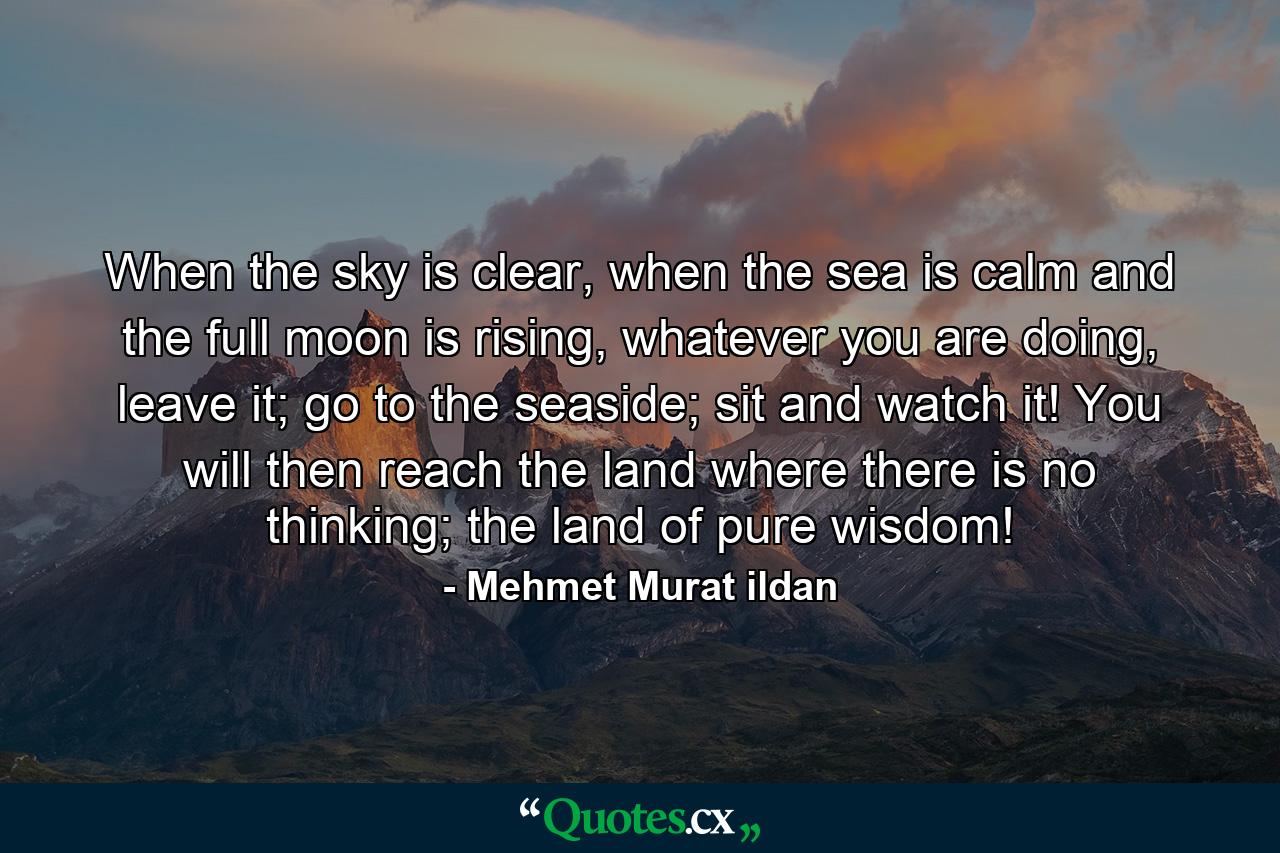 When the sky is clear, when the sea is calm and the full moon is rising, whatever you are doing, leave it; go to the seaside; sit and watch it! You will then reach the land where there is no thinking; the land of pure wisdom! - Quote by Mehmet Murat ildan